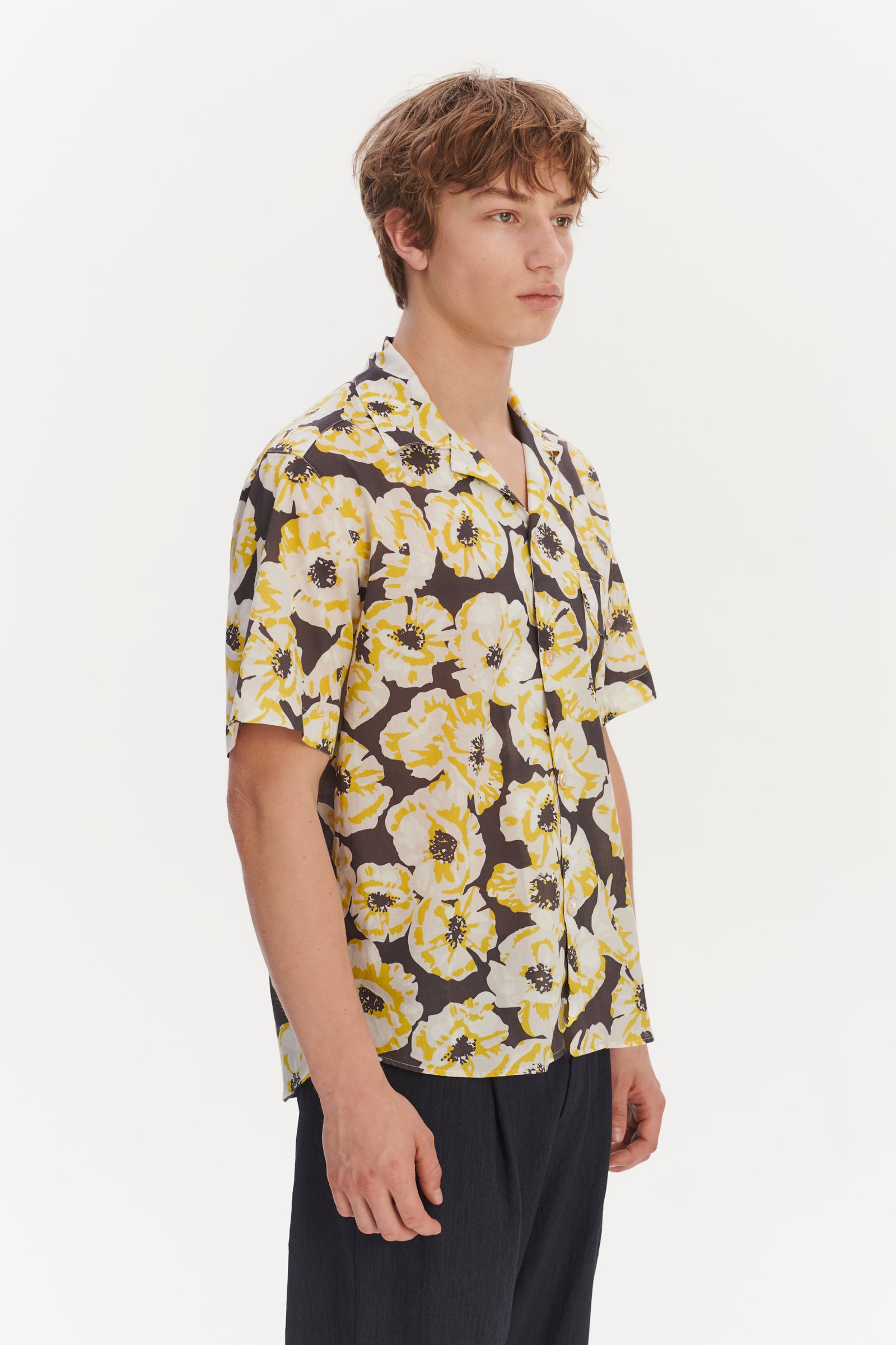 Short Sleeve Camp Collar Shirt in a Neon Yellow, White and Brown Italian Cotton