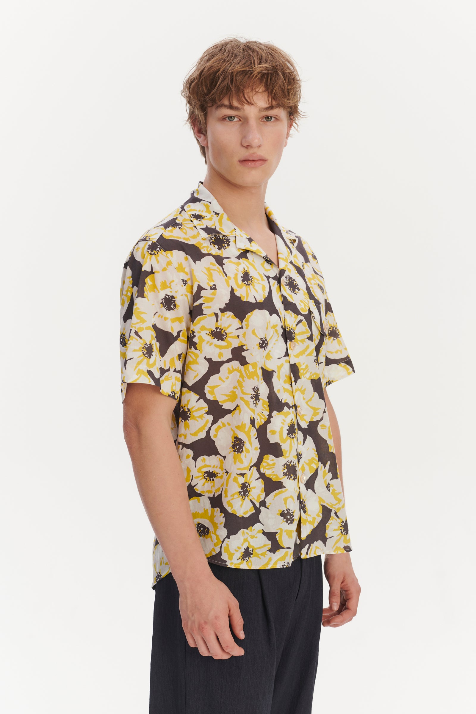 Short Sleeve Camp Collar Shirt in a Neon Yellow, White and Brown Italian Cotton