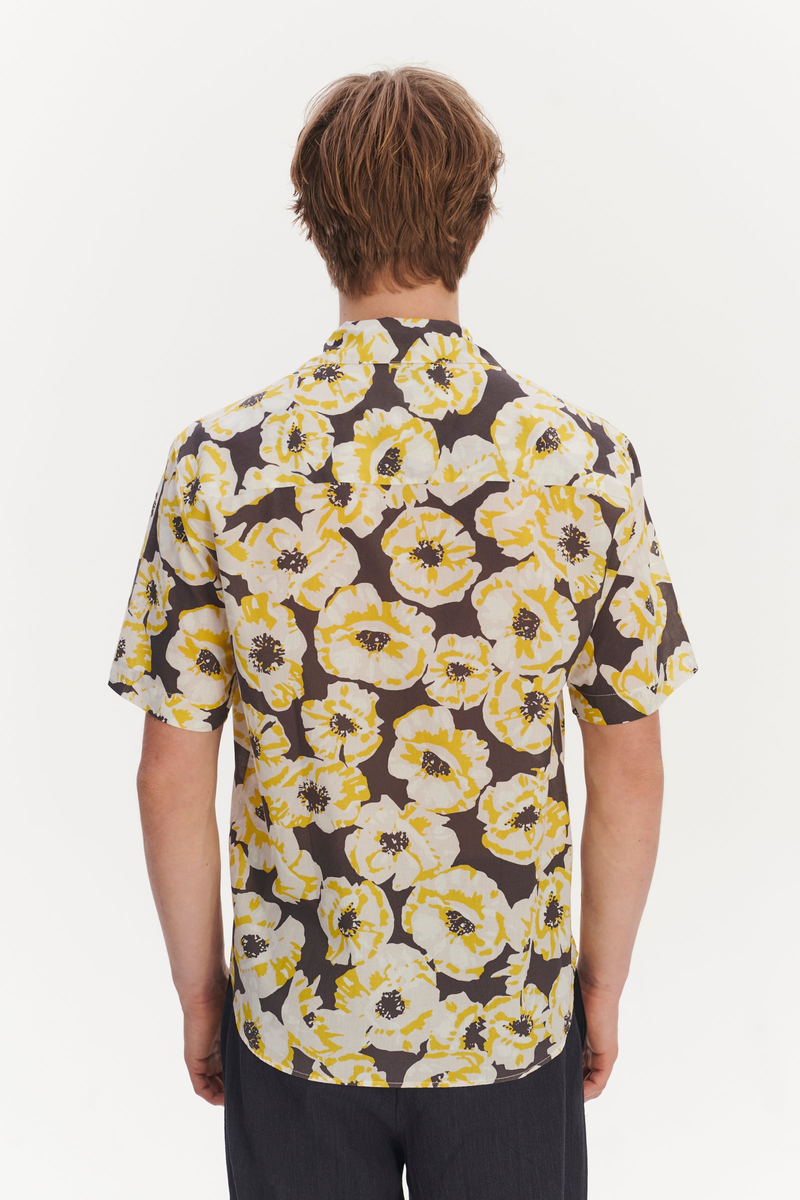 Short Sleeve Camp Collar Shirt in a Neon Yellow, White and Brown Italian Cotton