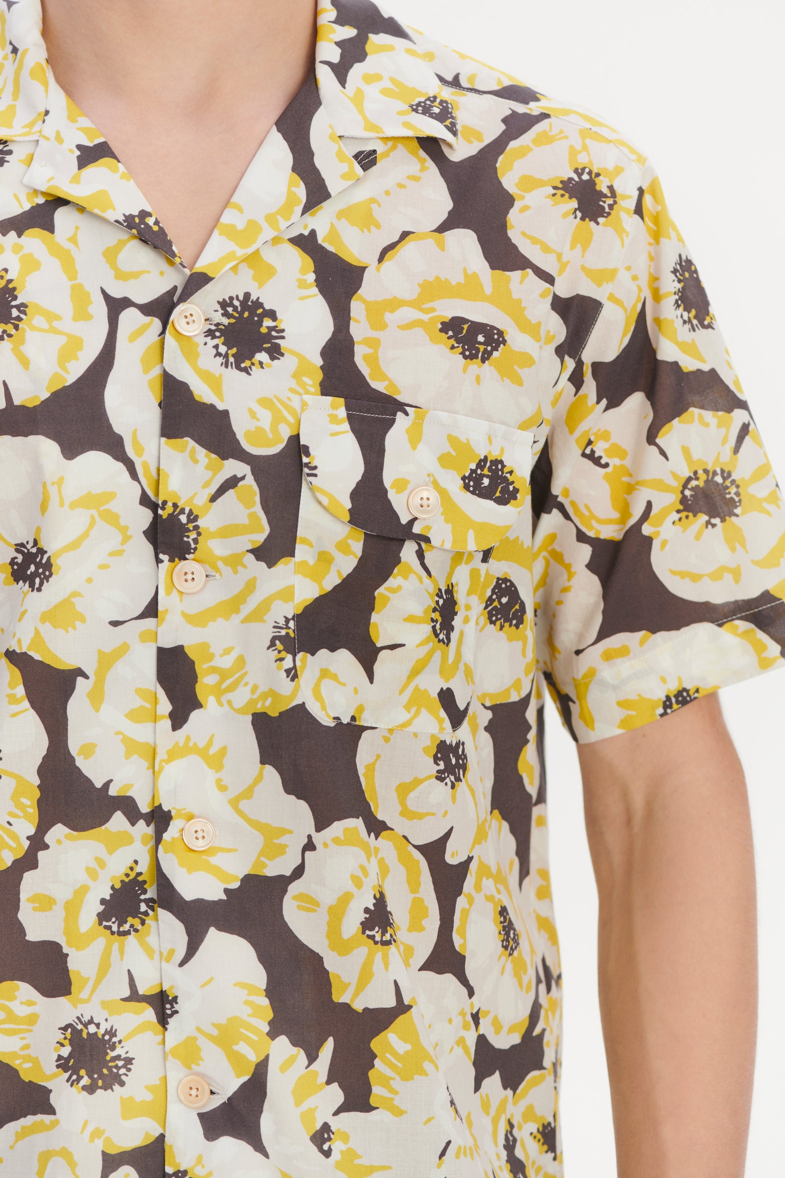 Short Sleeve Camp Collar Shirt in a Neon Yellow, White and Brown Italian Cotton