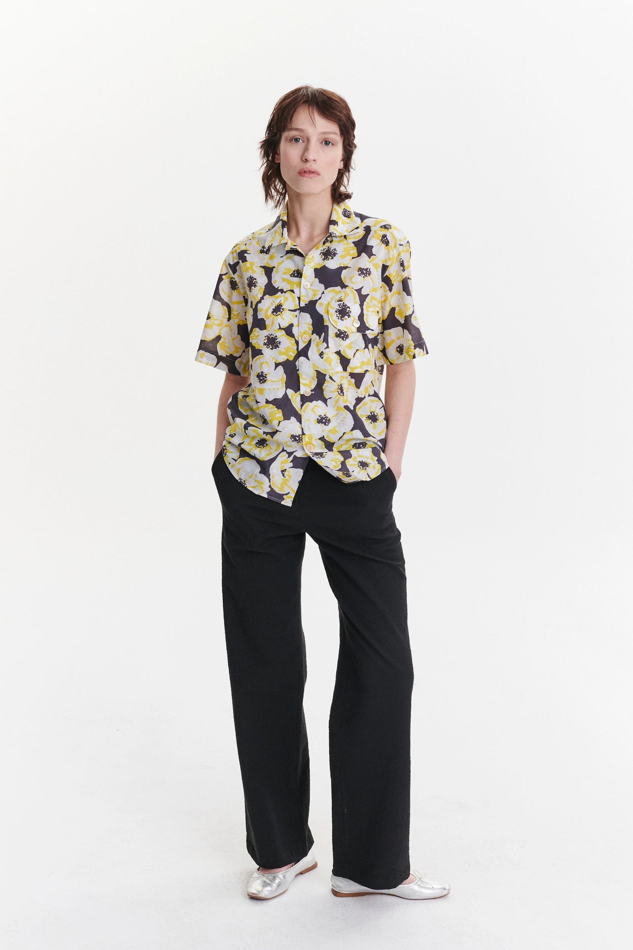 Unisex Short Sleeve Camp Collar Shirt in a Bright Yellow, Cream White and Dark Brown Flowery Italian Cotton
