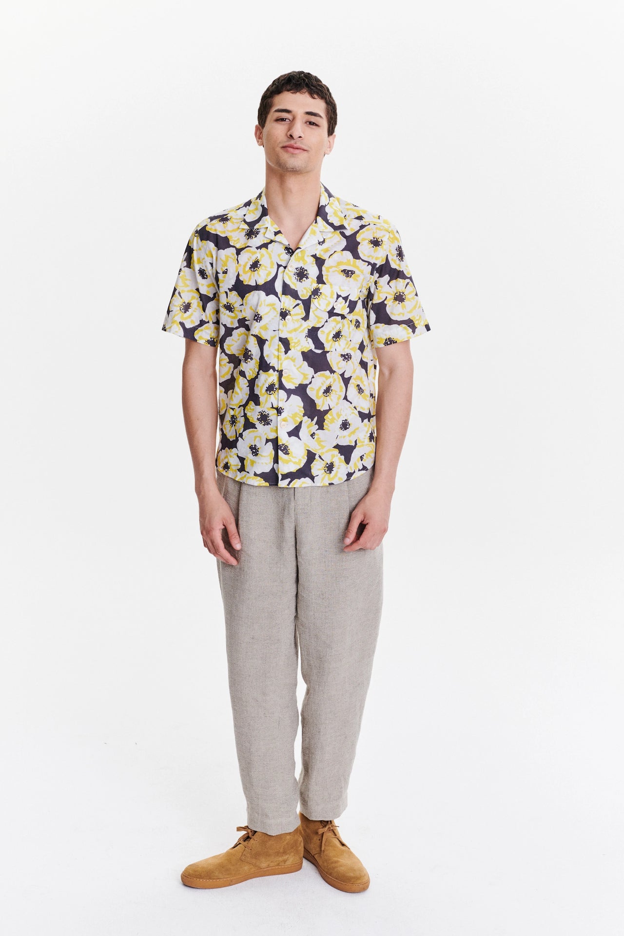 Short Sleeve Camp Collar Shirt in a Yellow, White and Brown Flowery Print Italian Cotton