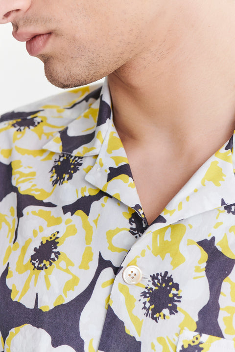 Short Sleeve Camp Collar Shirt in a Neon Yellow, White and Brown Italian Cotton