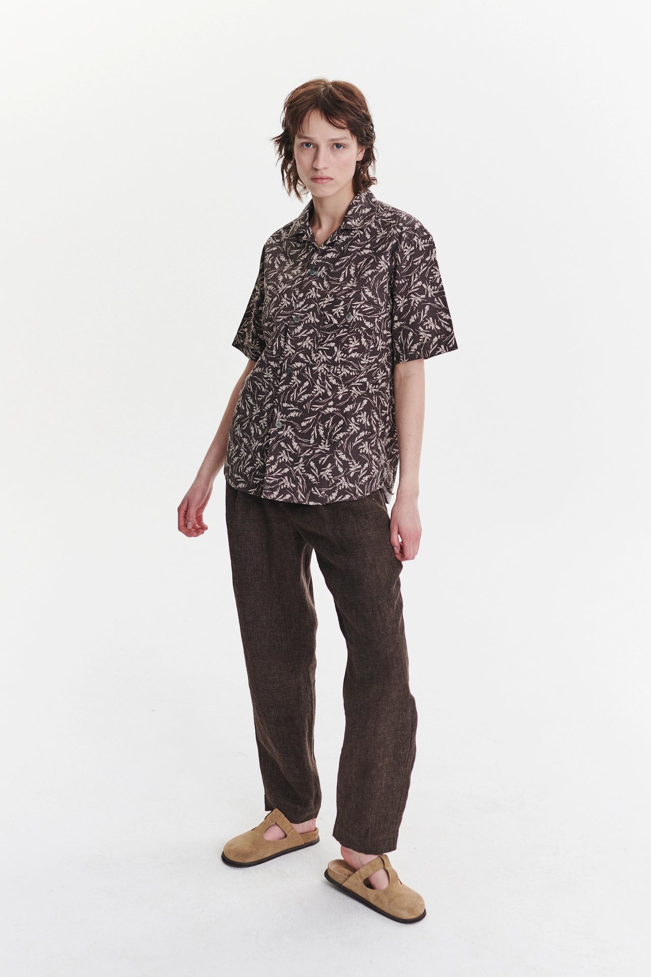 Unisex Short Sleeve Camp Collar Shirt in a Subtle Brown and Off White Floral Printed Italian Cotton