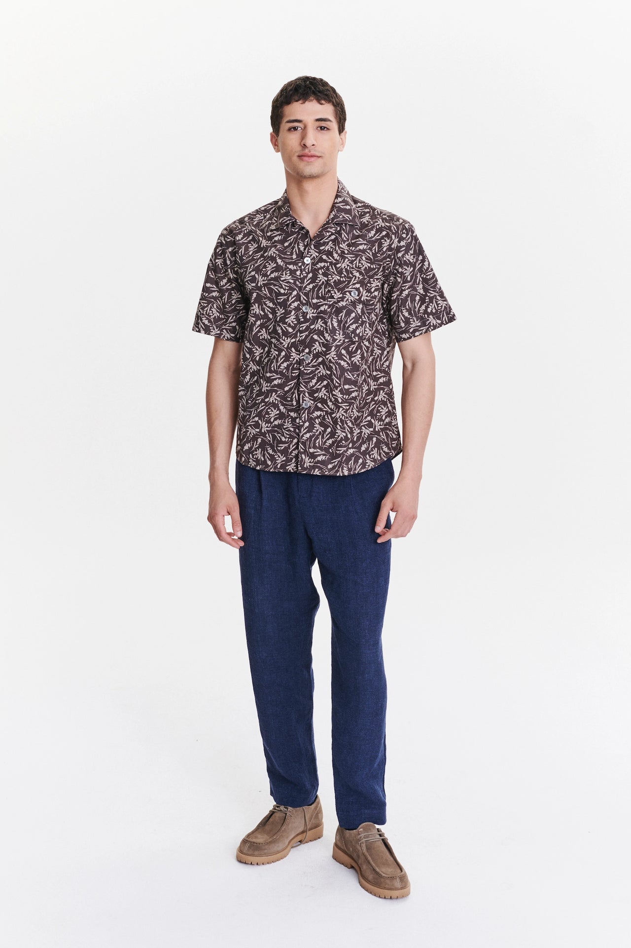 Short Sleeve Camp Collar Shirt in a Subtle Brown and Off White Floral Printed Italian Cotton