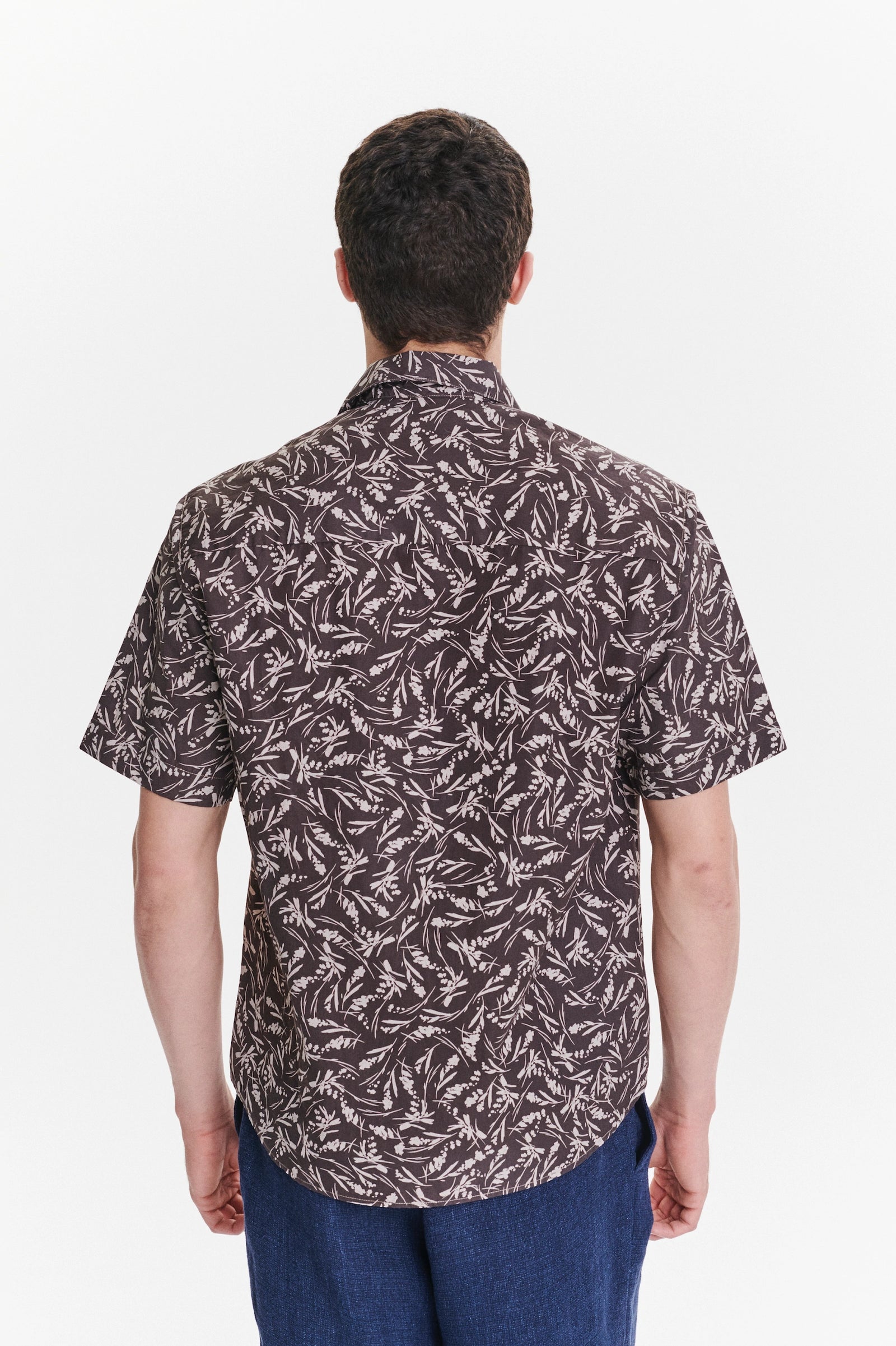 Short Sleeve Camp Collar Shirt in a Subtle Brown and Off White Floral Printed Italian Cotton