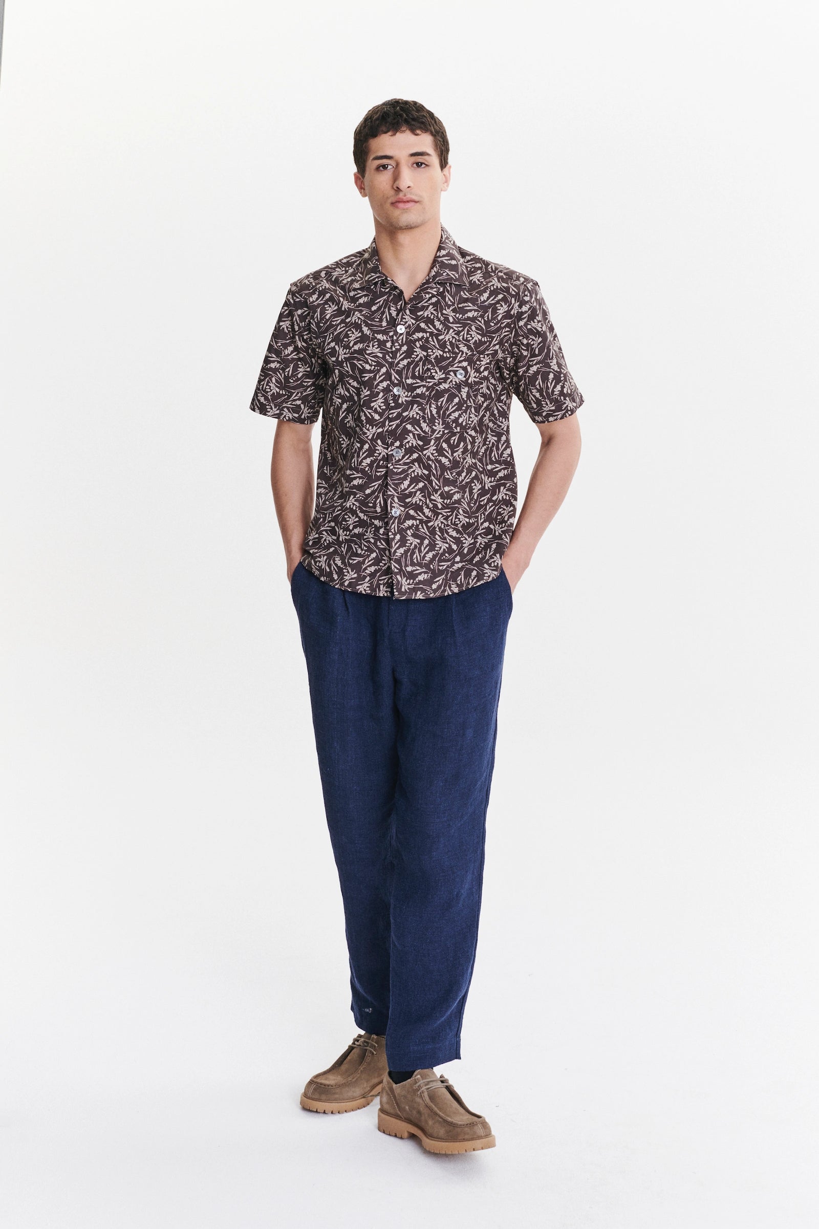 Short Sleeve Camp Collar Shirt in a Subtle Brown and Off White Floral Printed Italian Cotton