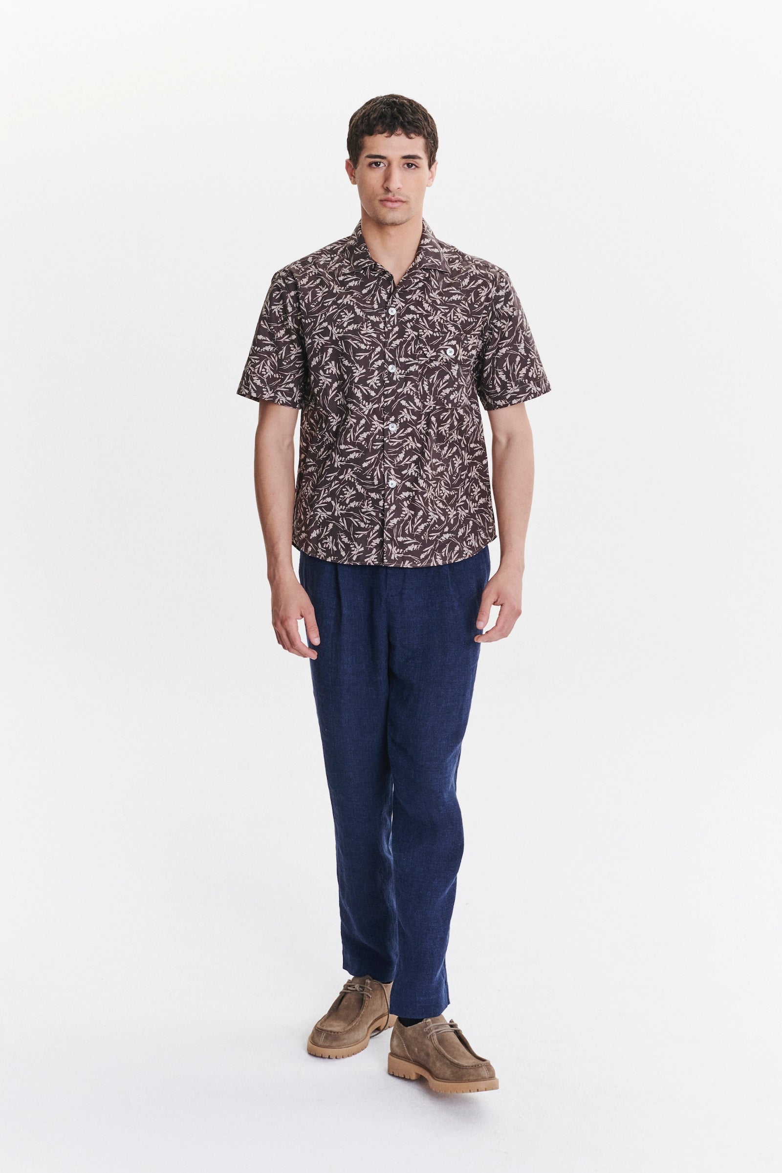 Short Sleeve Camp Collar Shirt in a Subtle Brown and Off White Floral Printed Italian Cotton