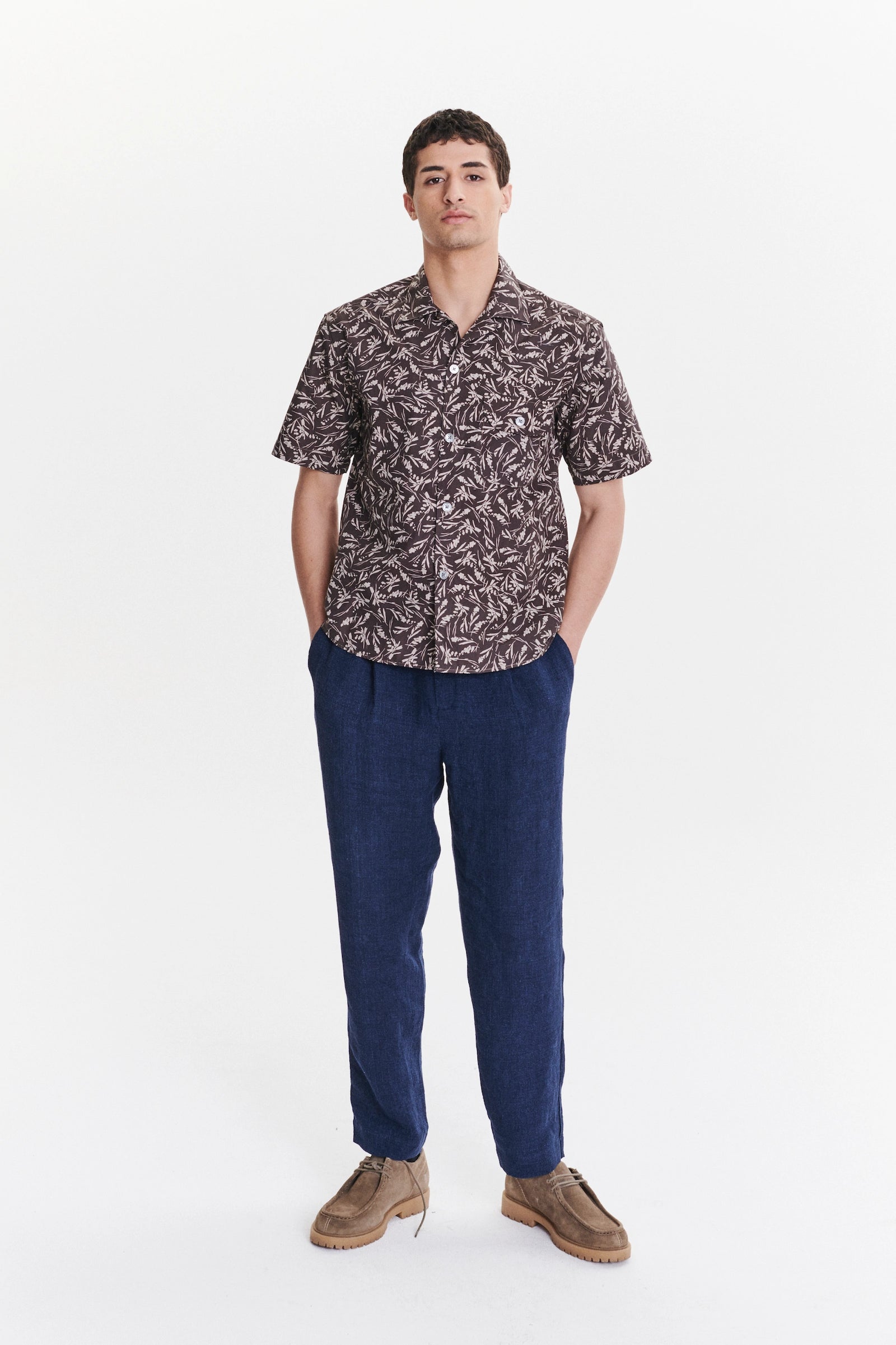 Short Sleeve Camp Collar Shirt in a Subtle Brown and Off White Floral Printed Italian Cotton