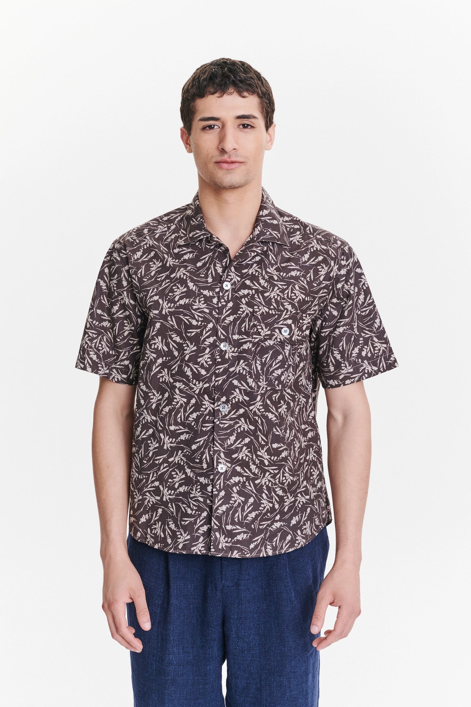 Short Sleeve Camp Collar Shirt in a Subtle Brown and Off White Floral Printed Italian Cotton