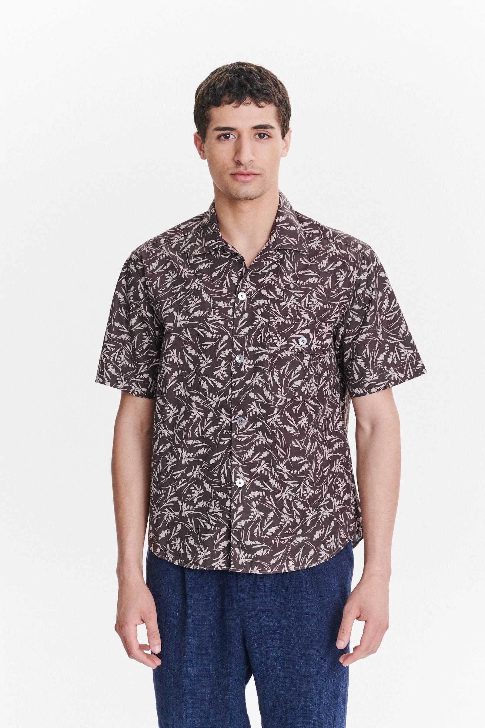 Short Sleeve Camp Collar Shirt in a Subtle Brown and Off White Floral Printed Italian Cotton