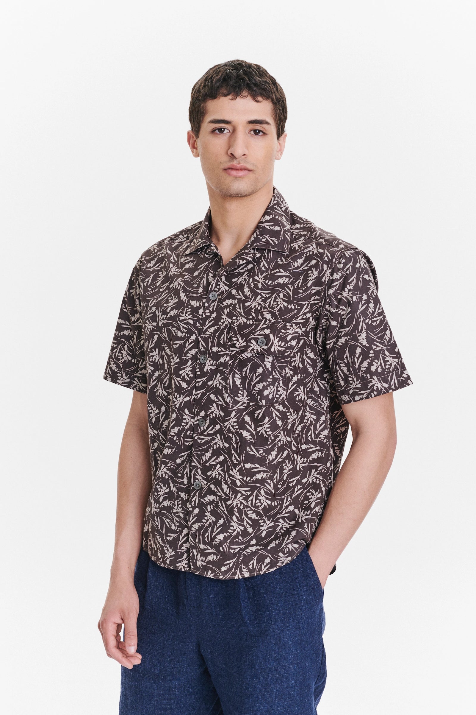 Short Sleeve Camp Collar Shirt in a Subtle Brown and Off White Floral Printed Italian Cotton