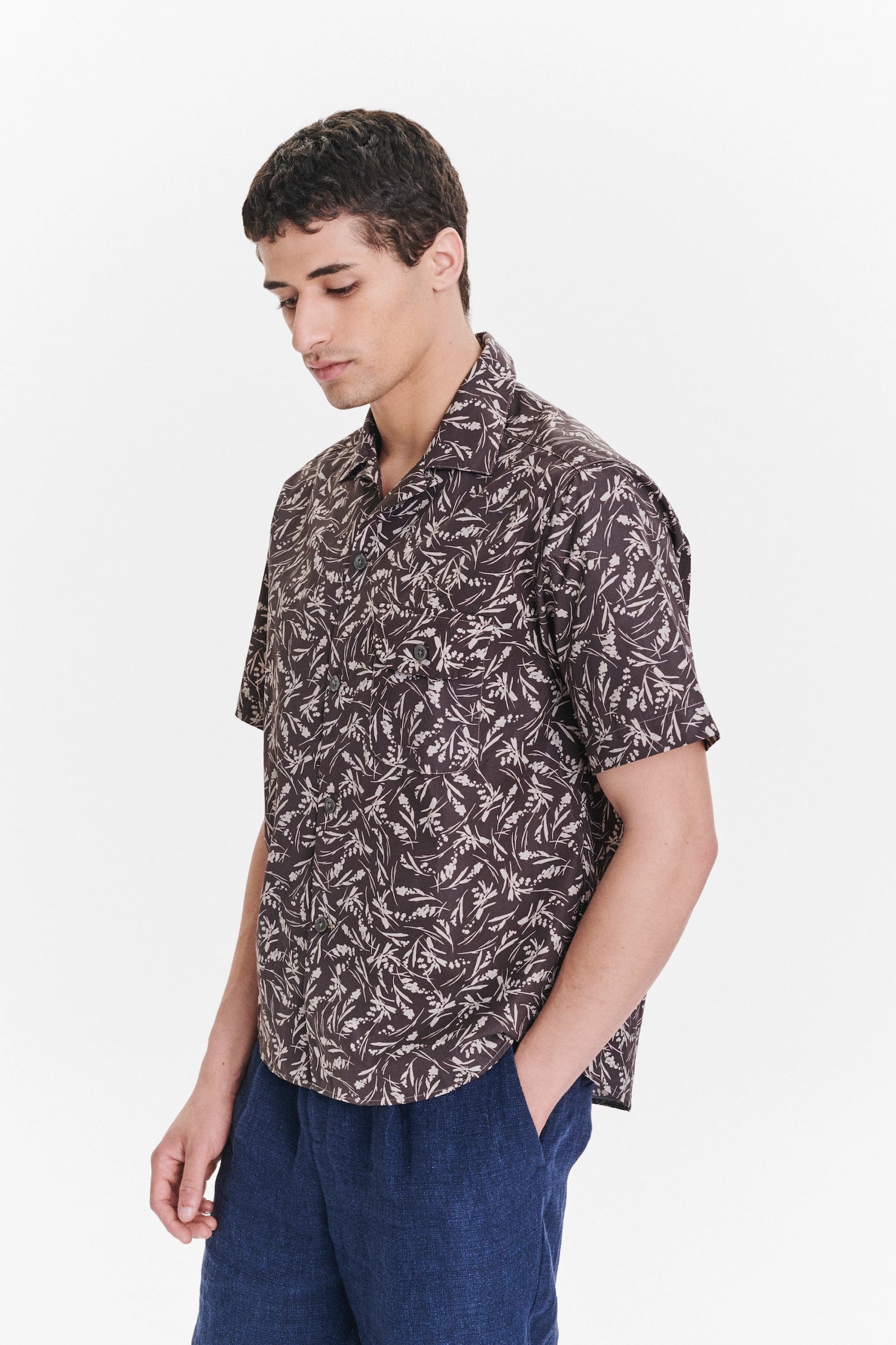 Short Sleeve Camp Collar Shirt in a Subtle Brown and Off White Floral Printed Italian Cotton