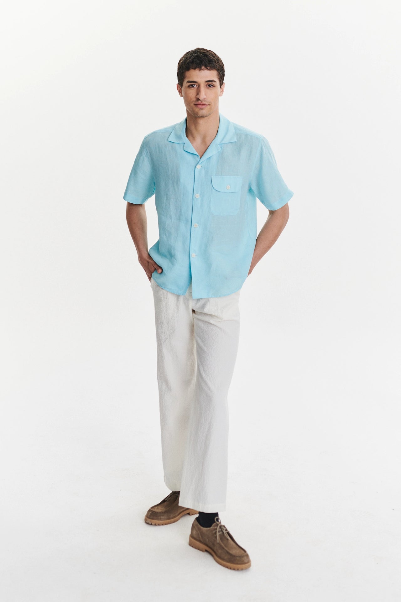 Short Sleeve Camp Collar Shirt in a Blue Turquoise Soft Italian Cotton Seersucker