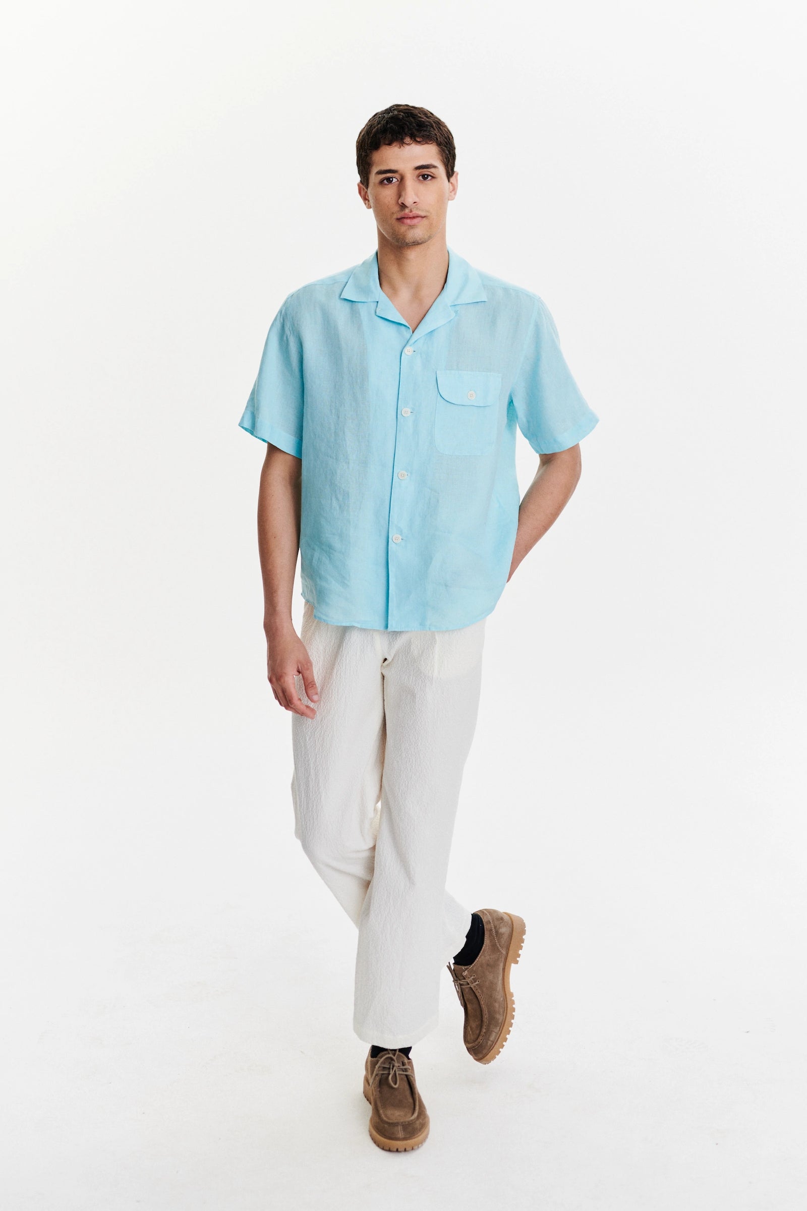 Short Sleeve Camp Collar Shirt in a Blue Turquoise Soft Italian Cotton Seersucker