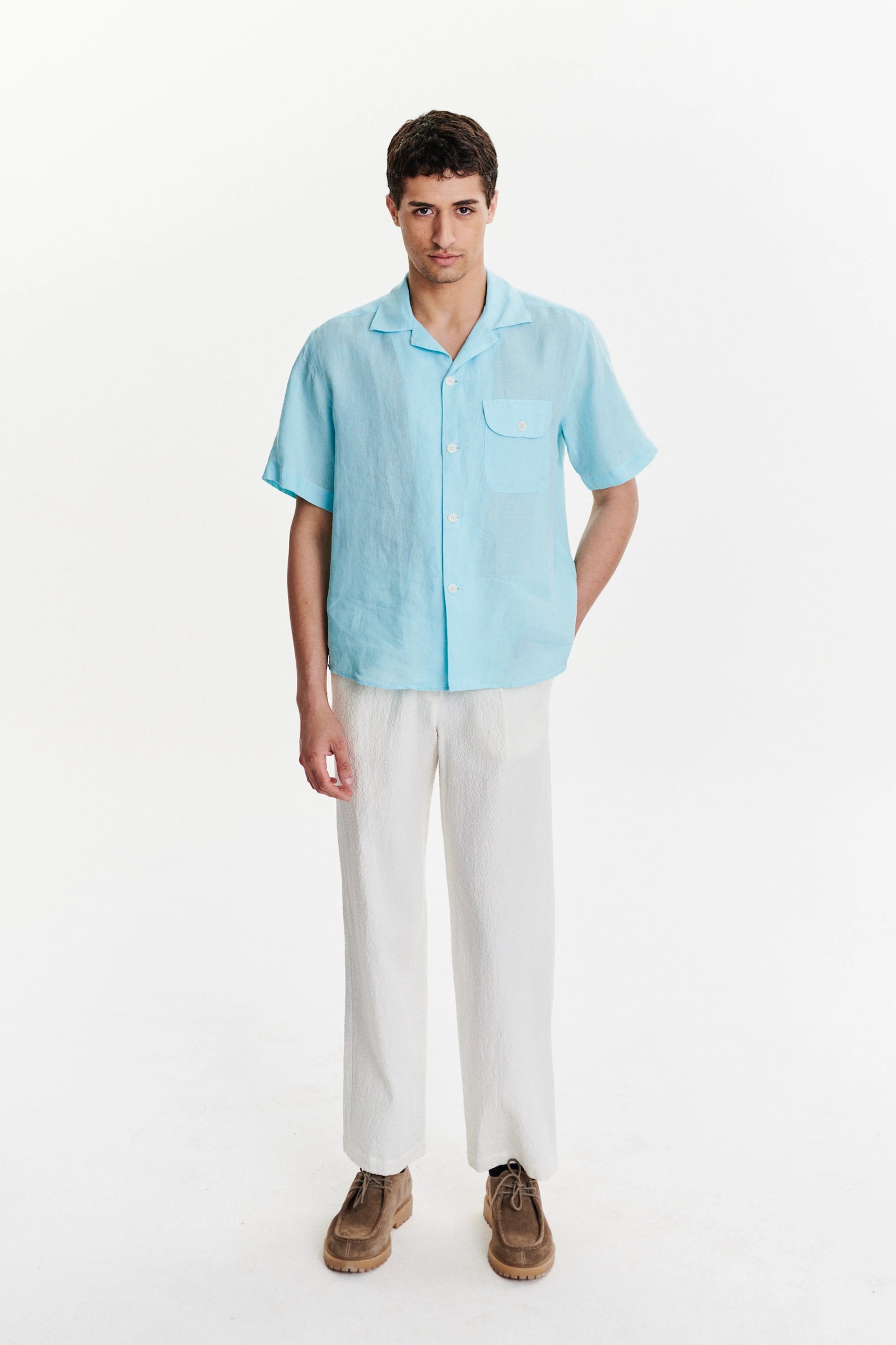 Short Sleeve Camp Collar Shirt in a Blue Turquoise Soft Italian Cotton Seersucker