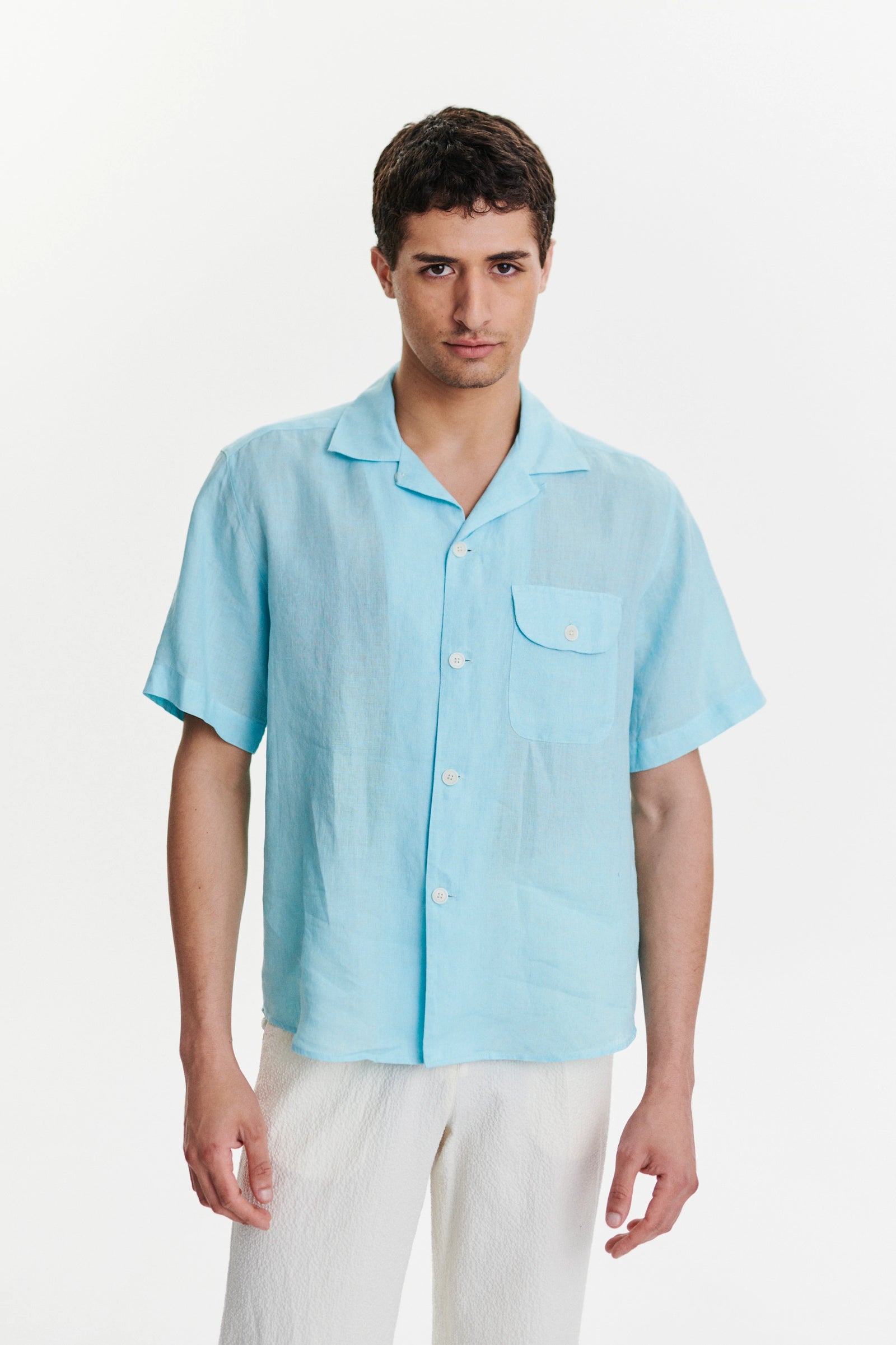 Short Sleeve Camp Collar Shirt in a Blue Turquoise Soft Italian Cotton Seersucker