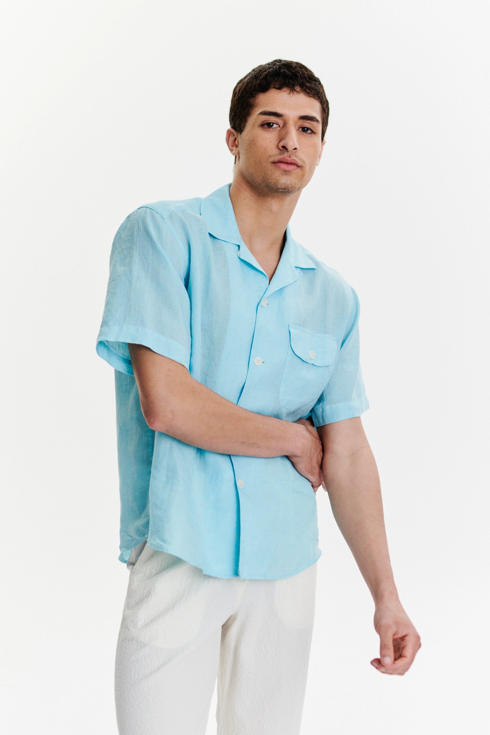 Short Sleeve Camp Collar Shirt in a Blue Turquoise Soft Italian Cotton Seersucker