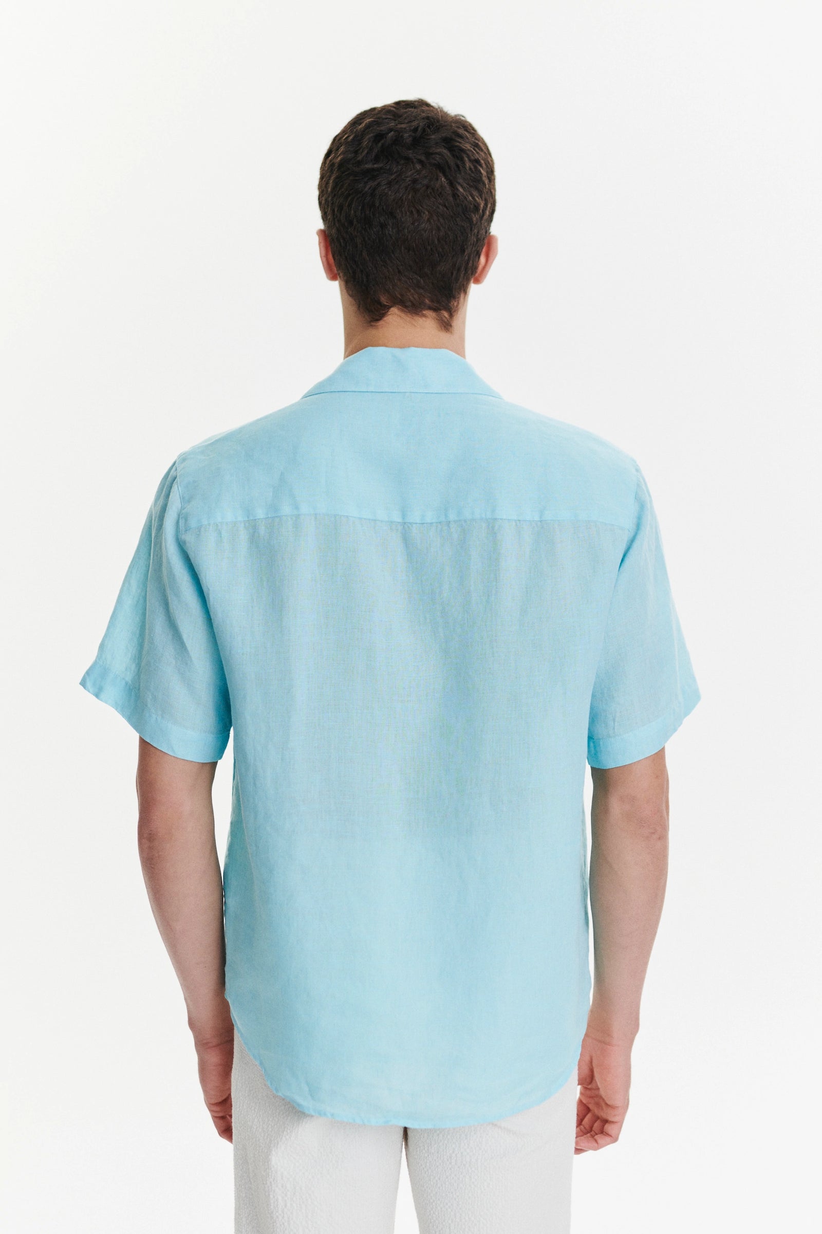 Short Sleeve Camp Collar Shirt in a Blue Turquoise Soft Italian Cotton Seersucker