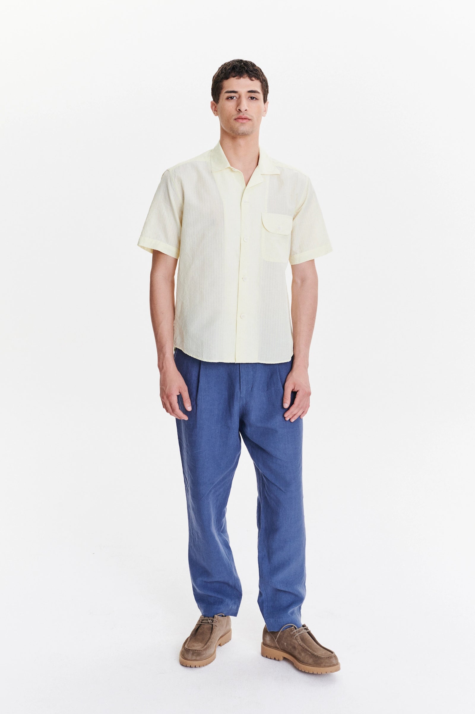 Short Sleeve Camp Collar Shirt in  a  Lemon Cream Soft Italian Cotton Seersucker