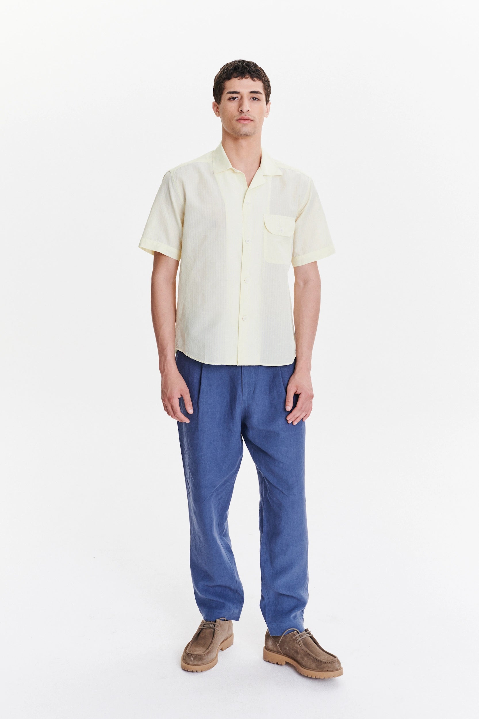 Short Sleeve Camp Collar Shirt in  a  Lemon Cream Soft Italian Cotton Seersucker