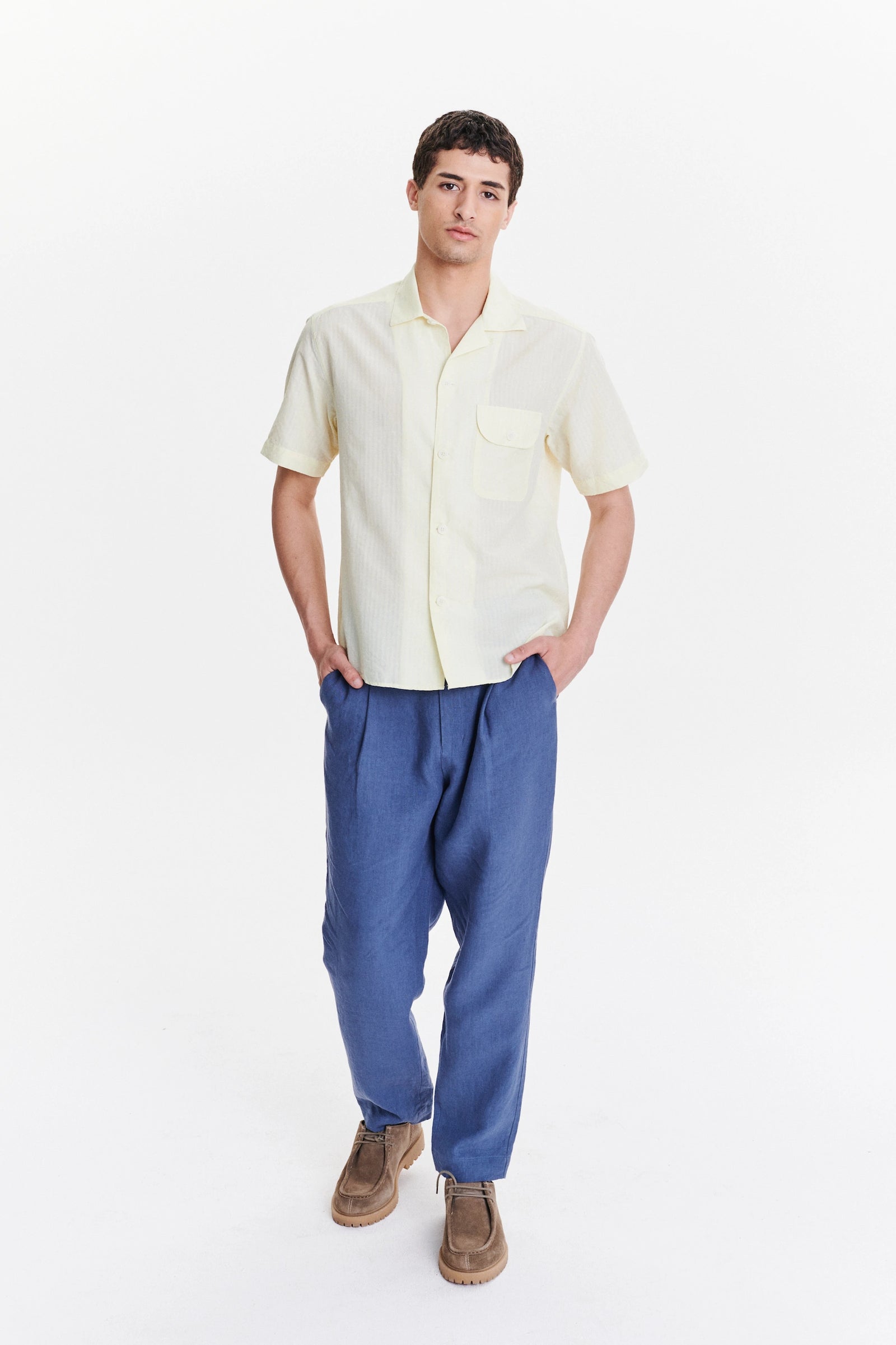 Short Sleeve Camp Collar Shirt in  a  Lemon Cream Soft Italian Cotton Seersucker