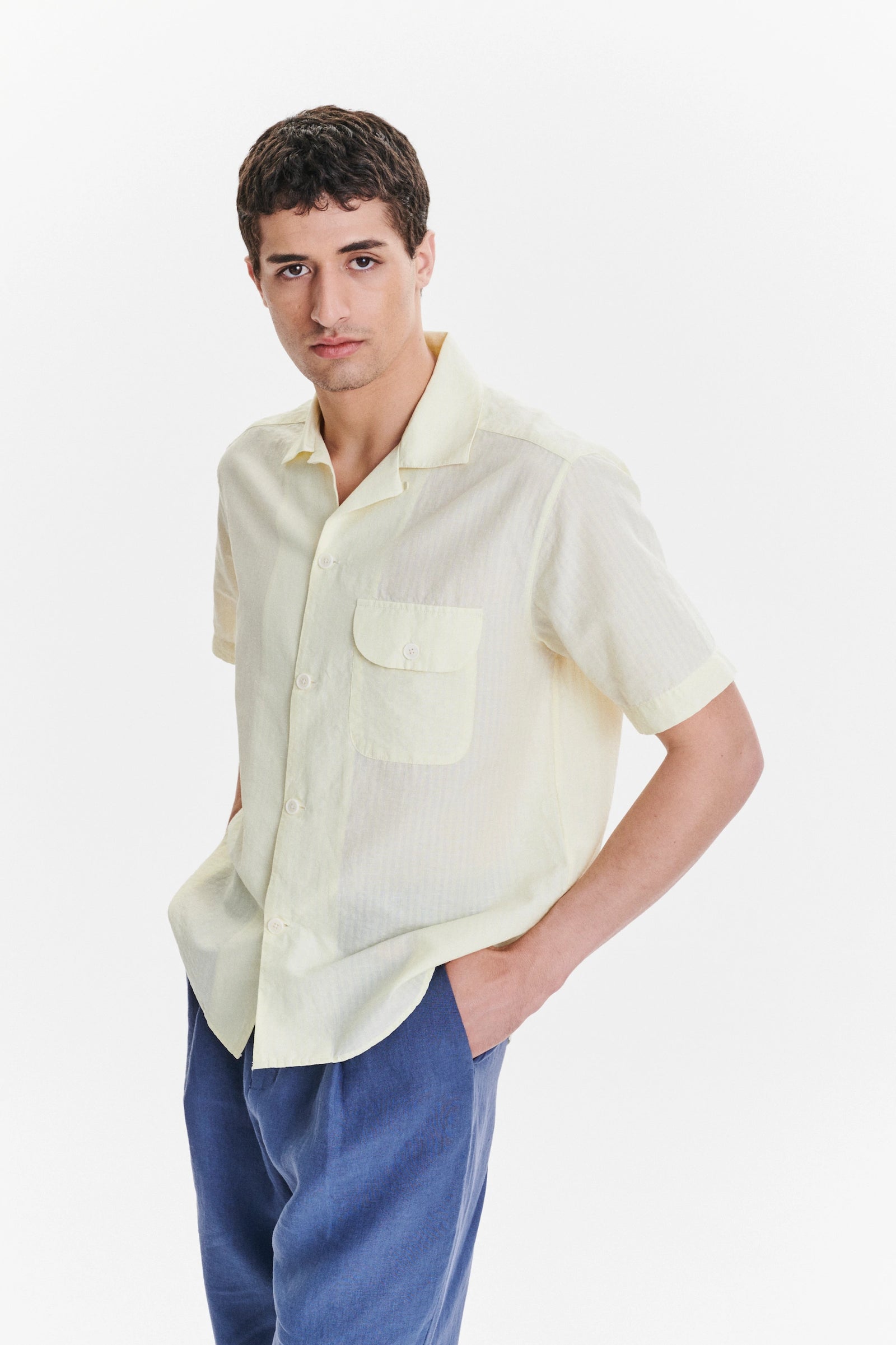 Short Sleeve Camp Collar Shirt in  a  Lemon Cream Soft Italian Cotton Seersucker
