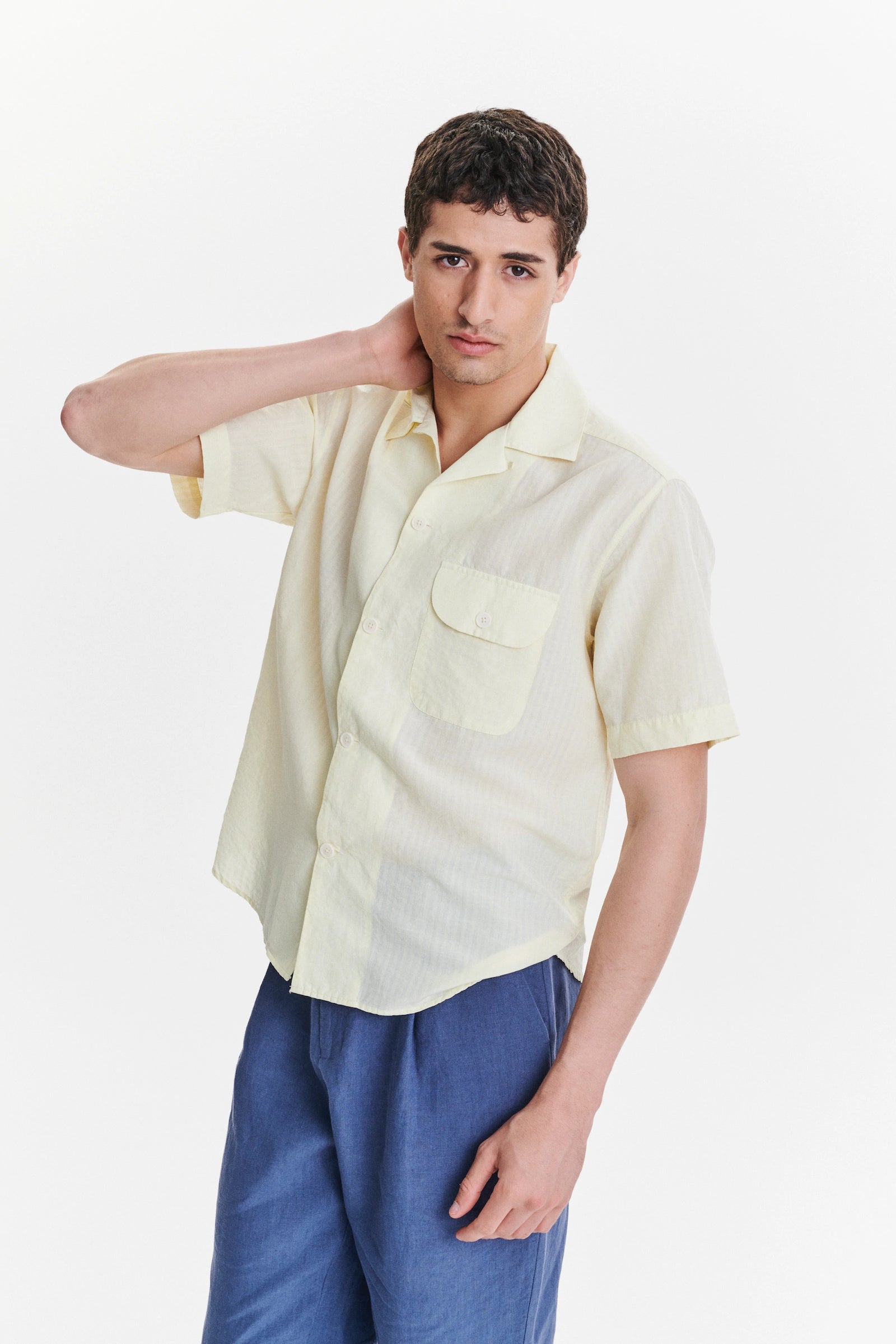 Short Sleeve Camp Collar Shirt in  a  Lemon Cream Soft Italian Cotton Seersucker