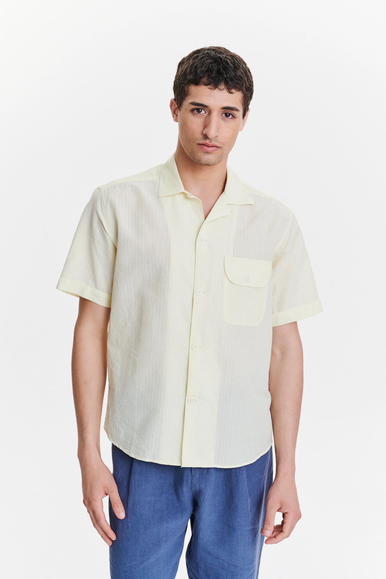 Short Sleeve Camp Collar Shirt in  a  Lemon Cream Soft Italian Cotton Seersucker