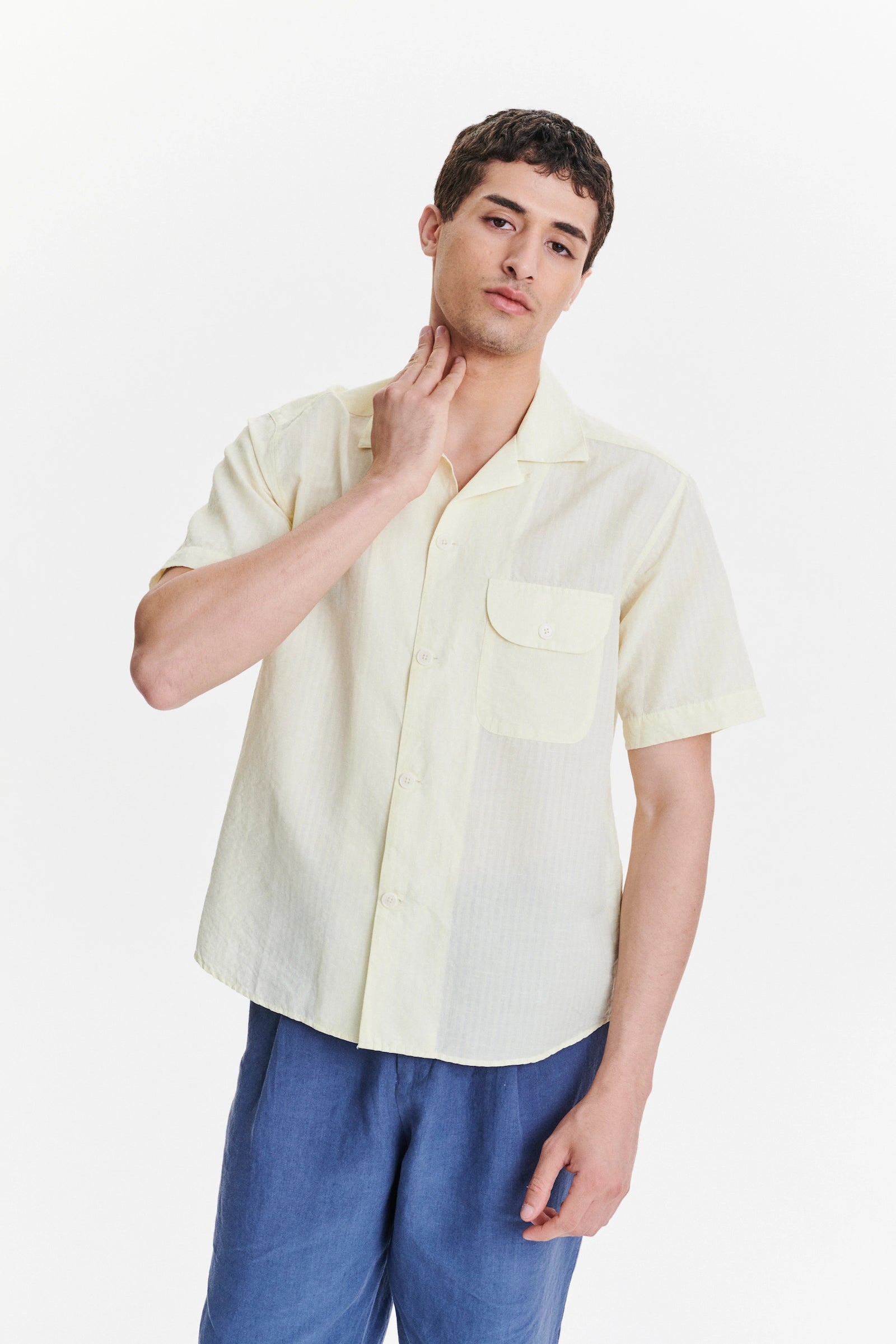 Short Sleeve Camp Collar Shirt in  a  Lemon Cream Soft Italian Cotton Seersucker