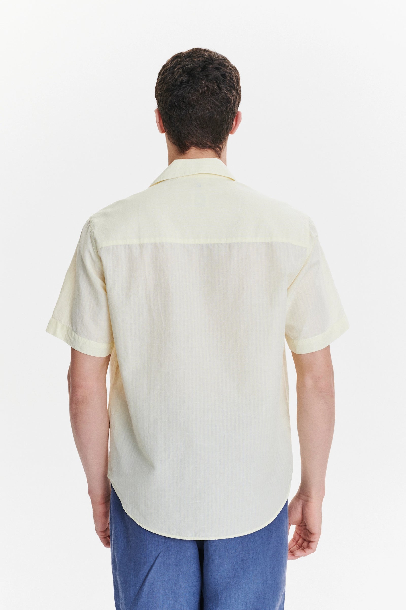Short Sleeve Camp Collar Shirt in  a  Lemon Cream Soft Italian Cotton Seersucker