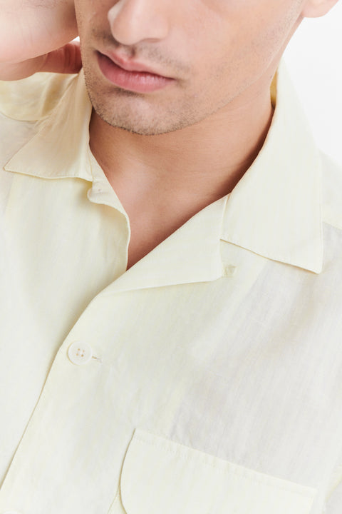 Short Sleeve Camp Collar Shirt in  a  Lemon Cream Soft Italian Cotton Seersucker