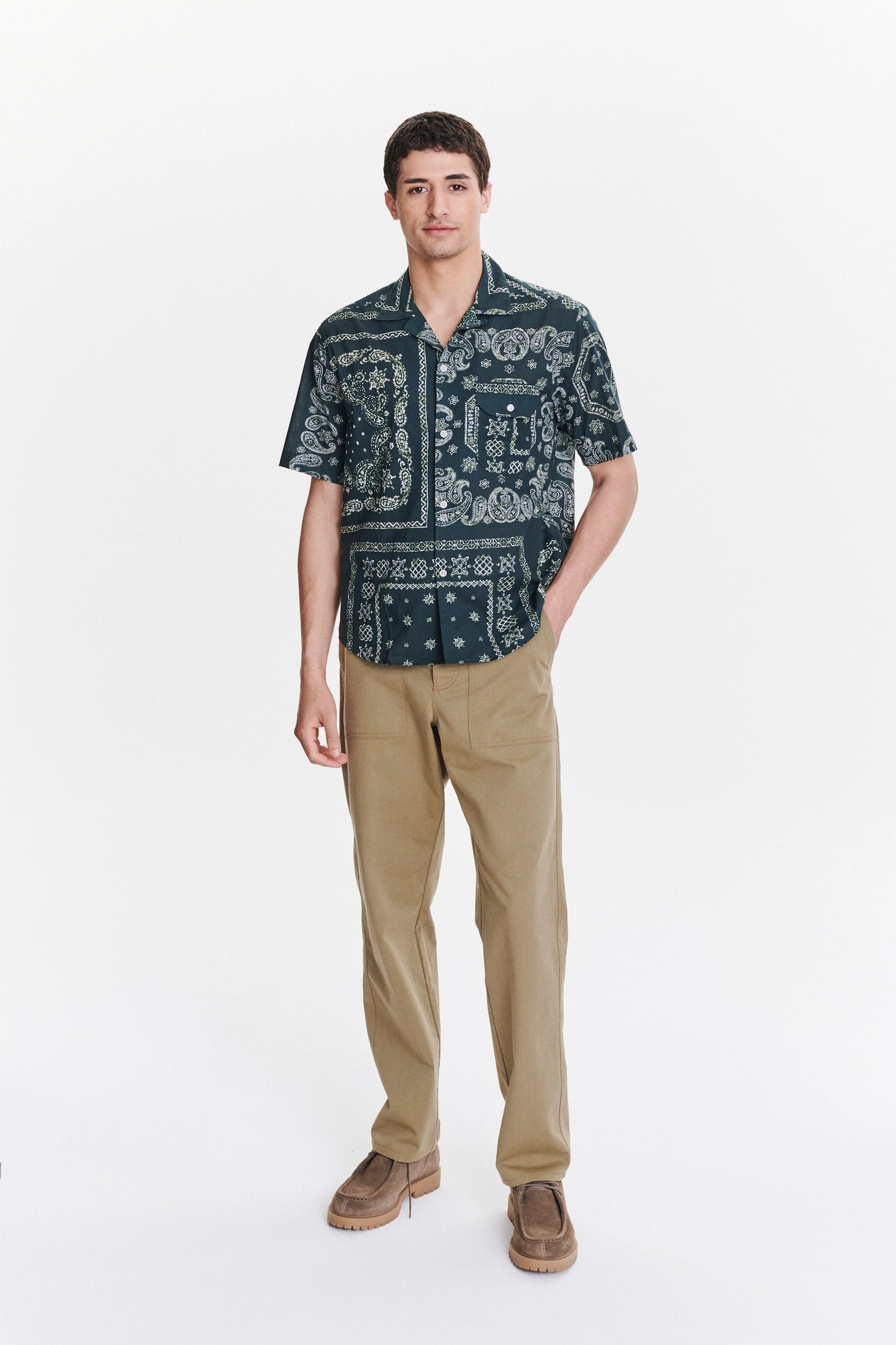 Short Sleeve Camp Collar Shirt in a Green Bandana Print Italian Cotton