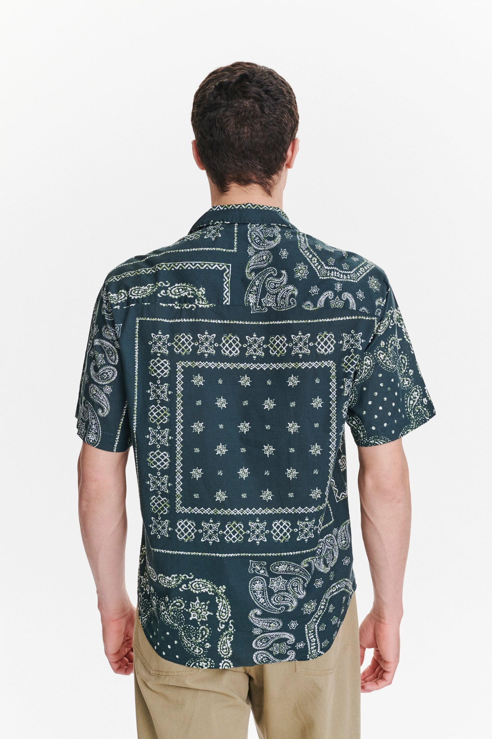 Short Sleeve Camp Collar Shirt in a Green Bandana Print Italian Cotton