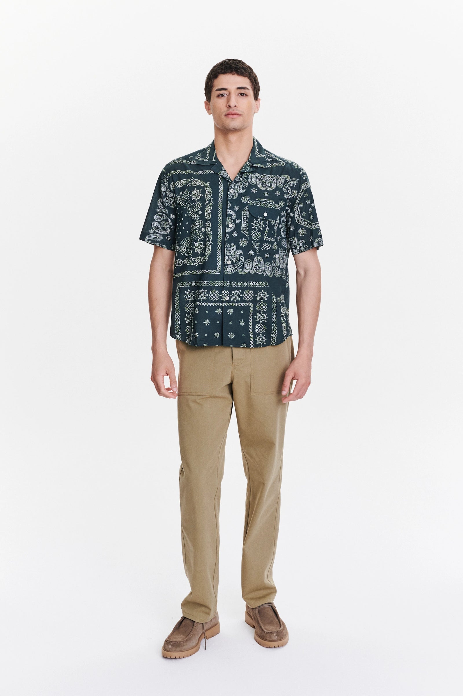 Short Sleeve Camp Collar Shirt in a Green Bandana Print Italian Cotton