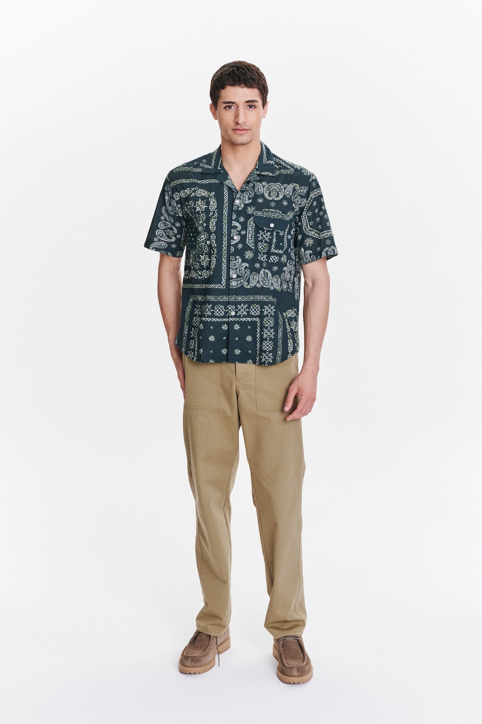 Short Sleeve Camp Collar Shirt in a Green Bandana Print Italian Cotton