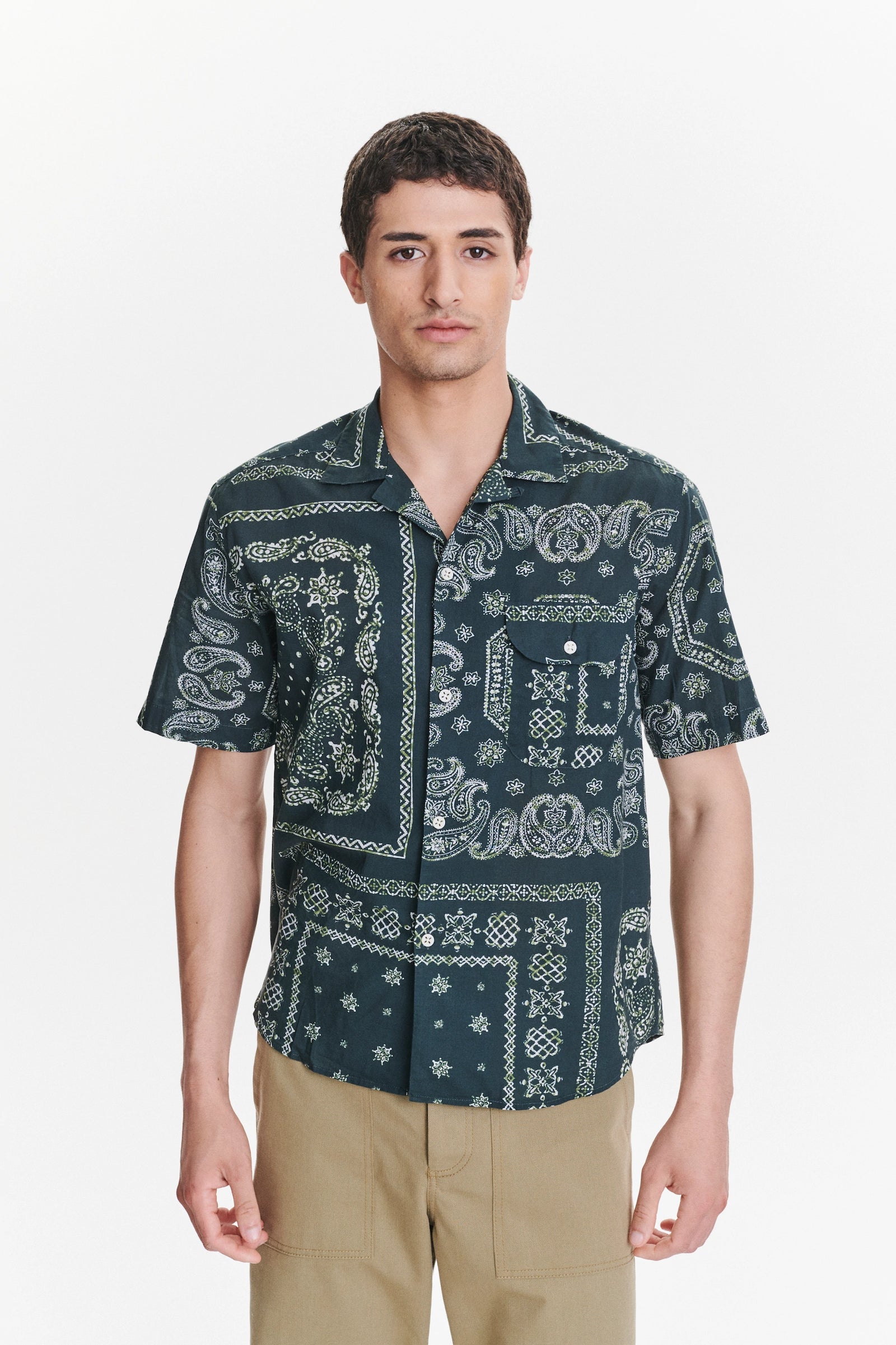 Short Sleeve Camp Collar Shirt in a Green Bandana Print Italian Cotton