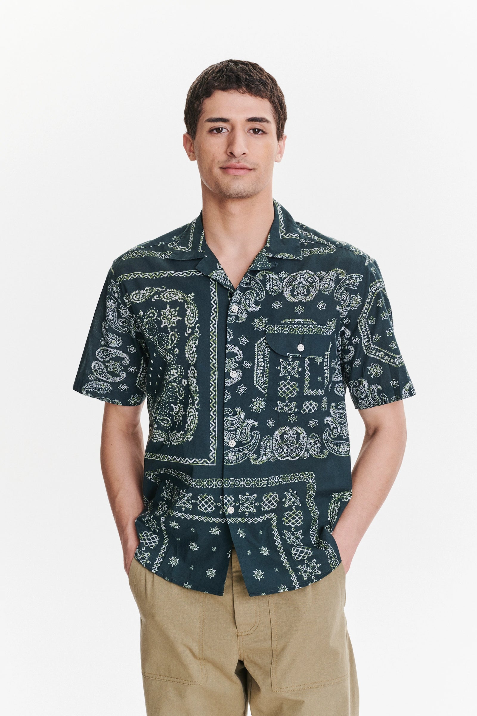 Short Sleeve Camp Collar Shirt in a Green Bandana Print Italian Cotton