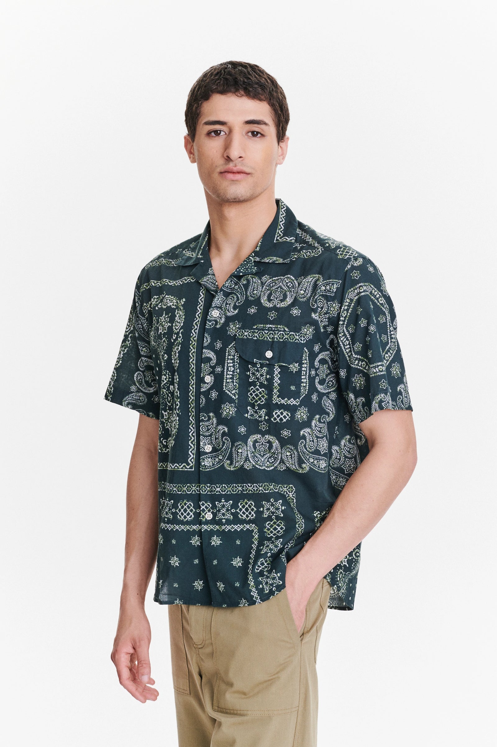 Short Sleeve Camp Collar Shirt in a Green Bandana Print Italian Cotton