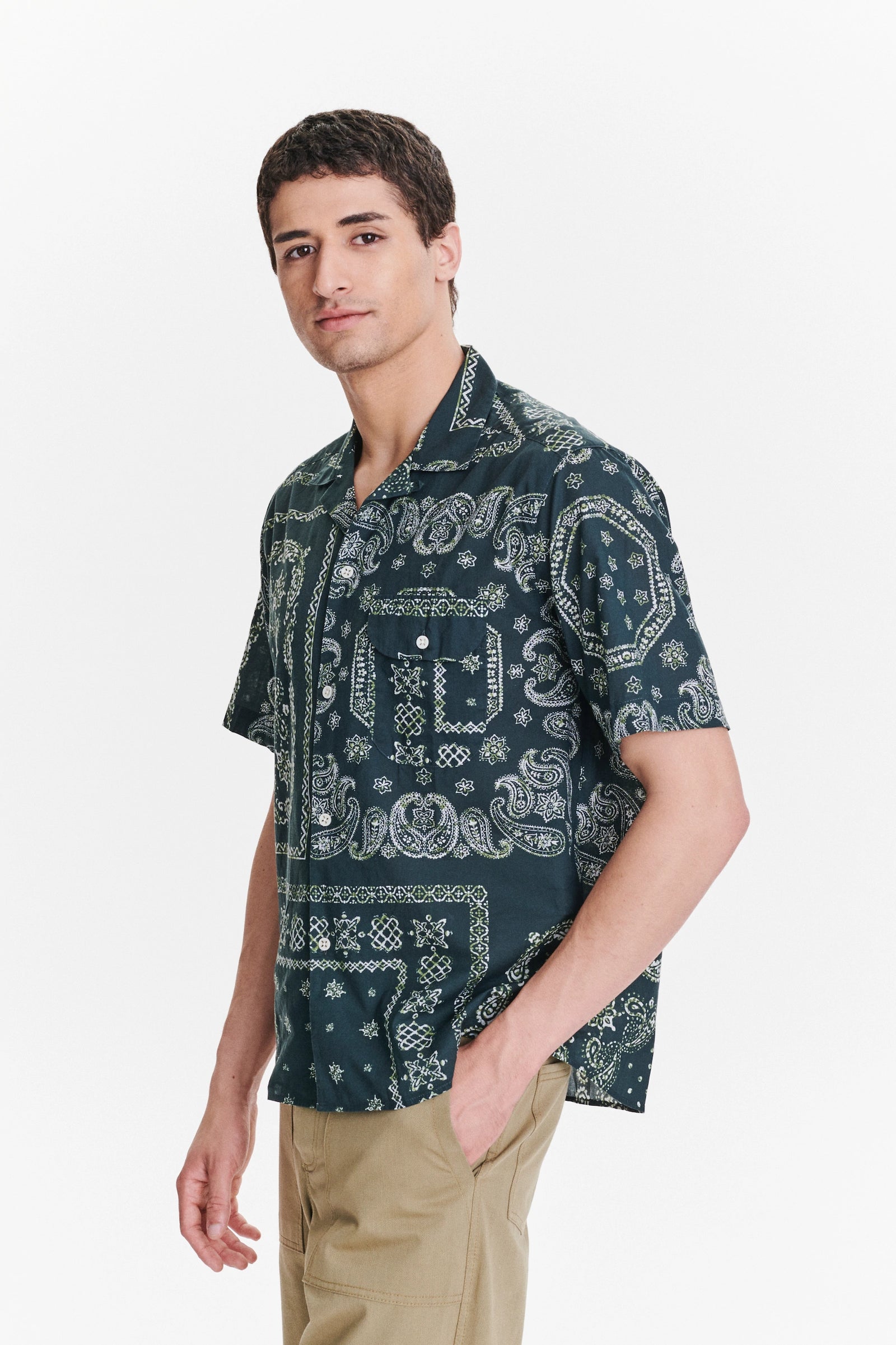 Short Sleeve Camp Collar Shirt in a Green Bandana Print Italian Cotton