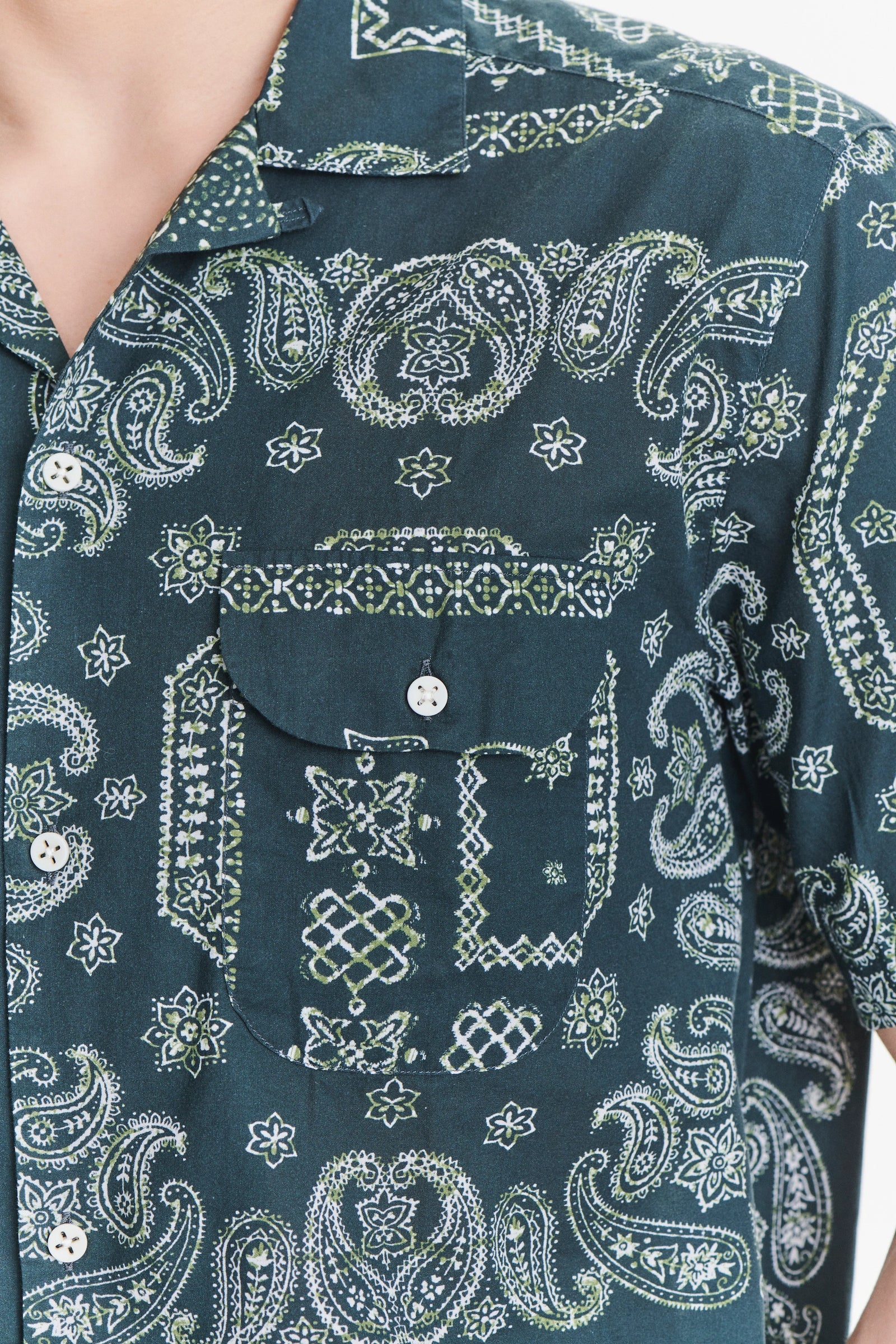Short Sleeve Camp Collar Shirt in a Green Bandana Print Italian Cotton