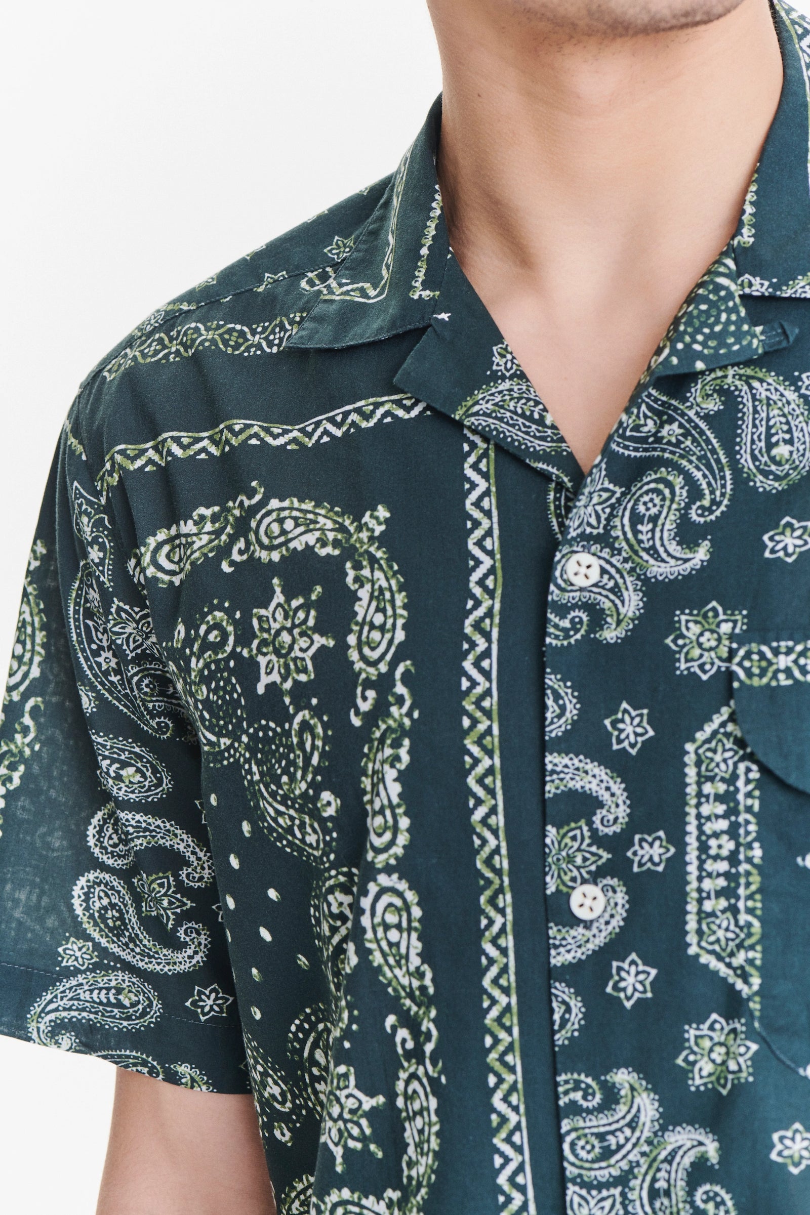 Short Sleeve Camp Collar Shirt in a Green Bandana Print Italian Cotton