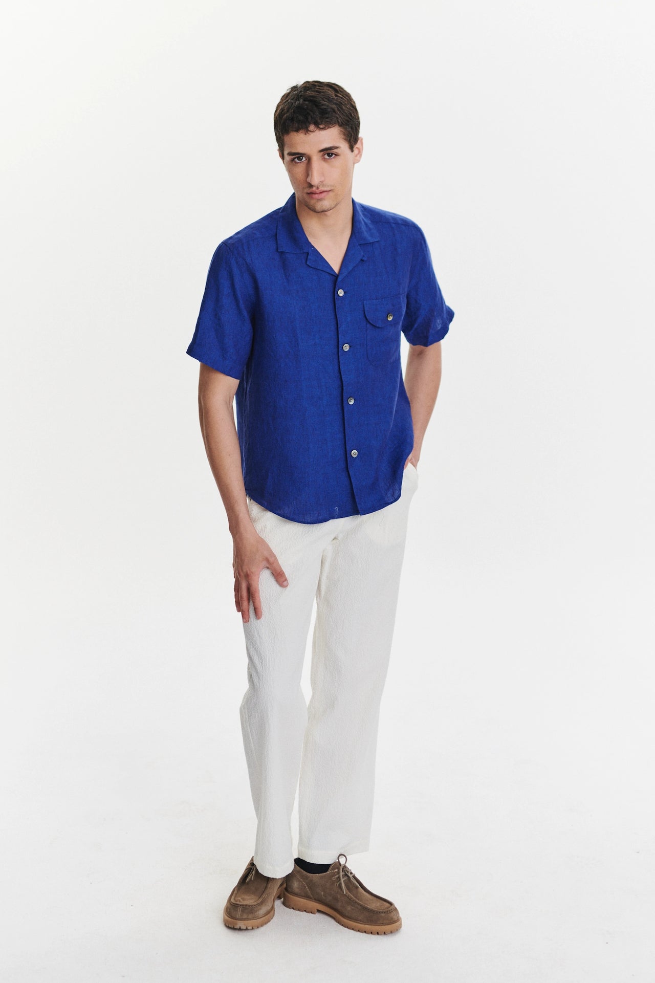 Short Sleeve Camp Collar Shirt in a Soft and Airy Cobalt Blue Bohemian Linen