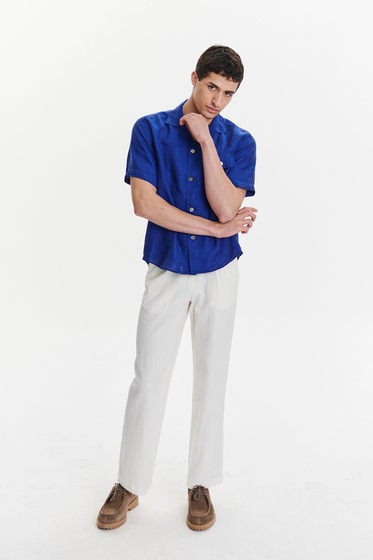 Short Sleeve Camp Collar Shirt in a Soft and Airy Cobalt Blue Bohemian Linen