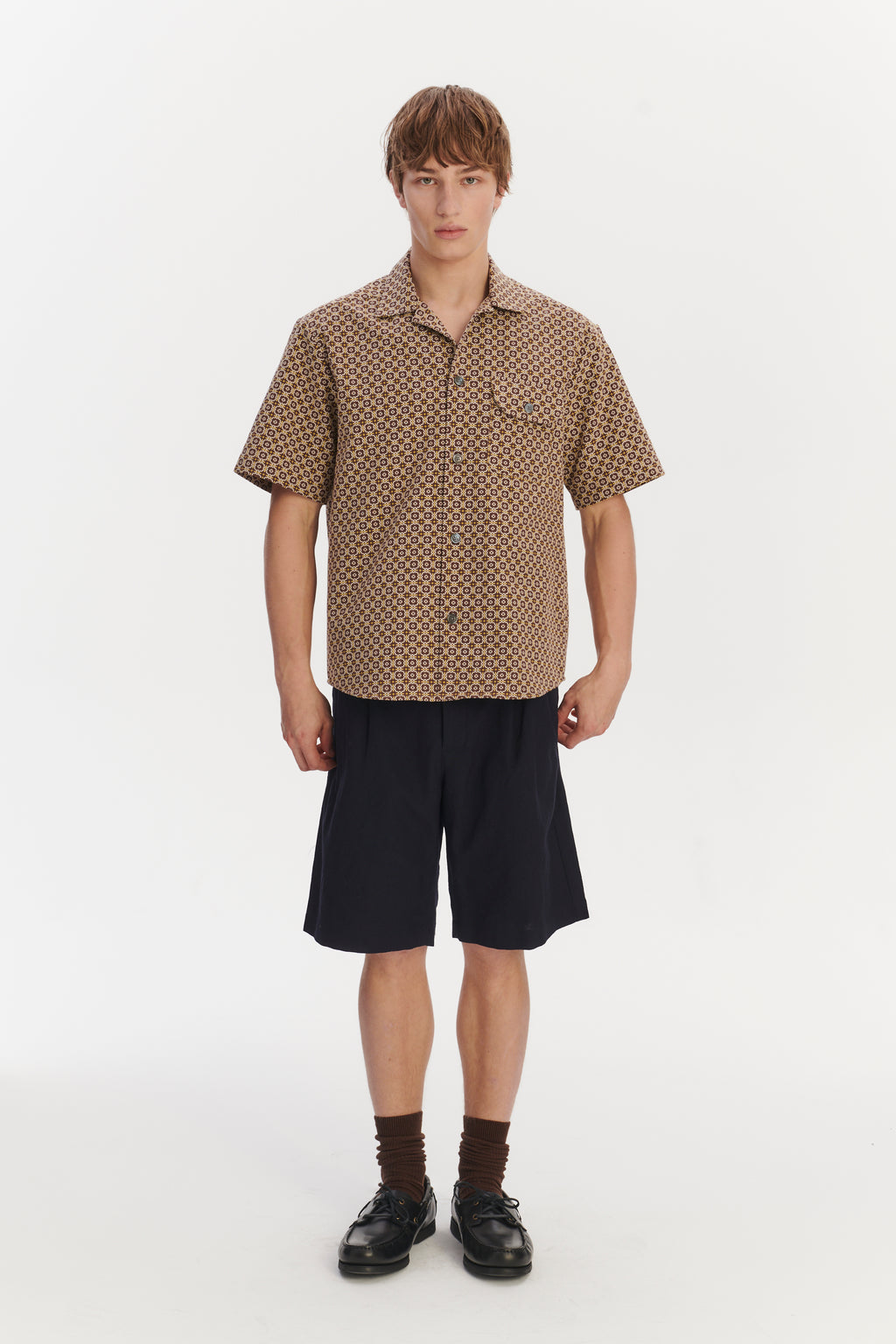 Short Sleeve Camp Collar Shirt in a Brown and Yellow Portuguese Jacquard Cotton