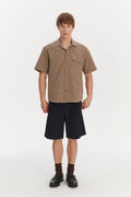 Short Sleeve Camp Collar Shirt in a Brown and Yellow Portuguese Jacquard Cotton