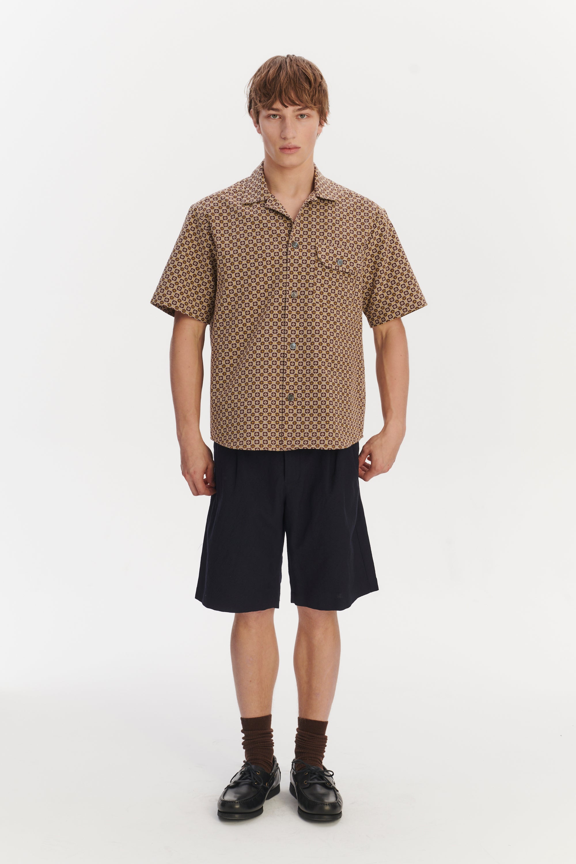 Short Sleeve Camp Collar Shirt in a Brown and Yellow Portuguese Jacquard Cotton