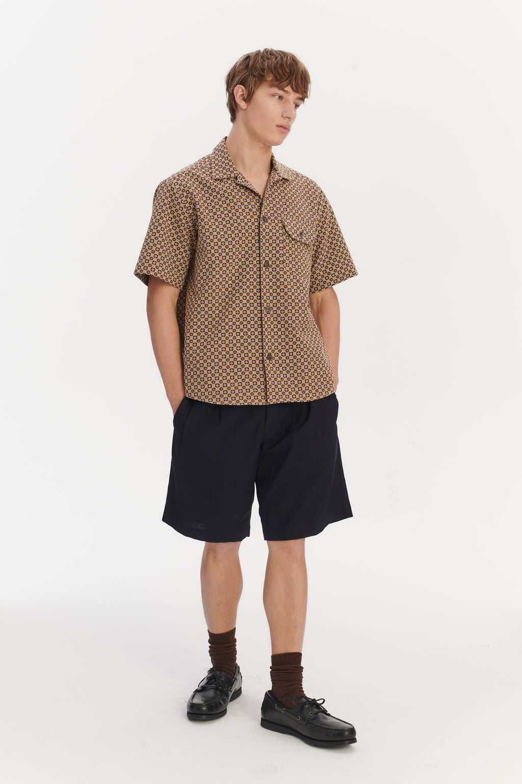 Short Sleeve Camp Collar Shirt in a Brown and Yellow Portuguese Jacquard Cotton