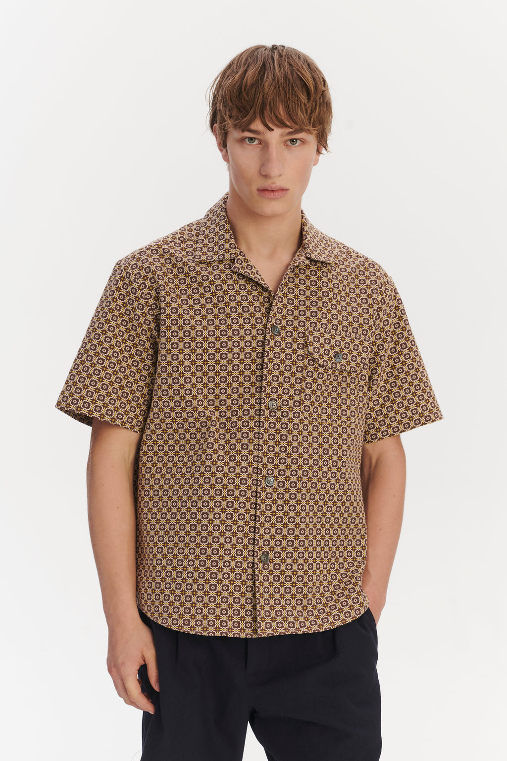 Short Sleeve Camp Collar Shirt in a Brown and Yellow Portuguese Jacquard Cotton