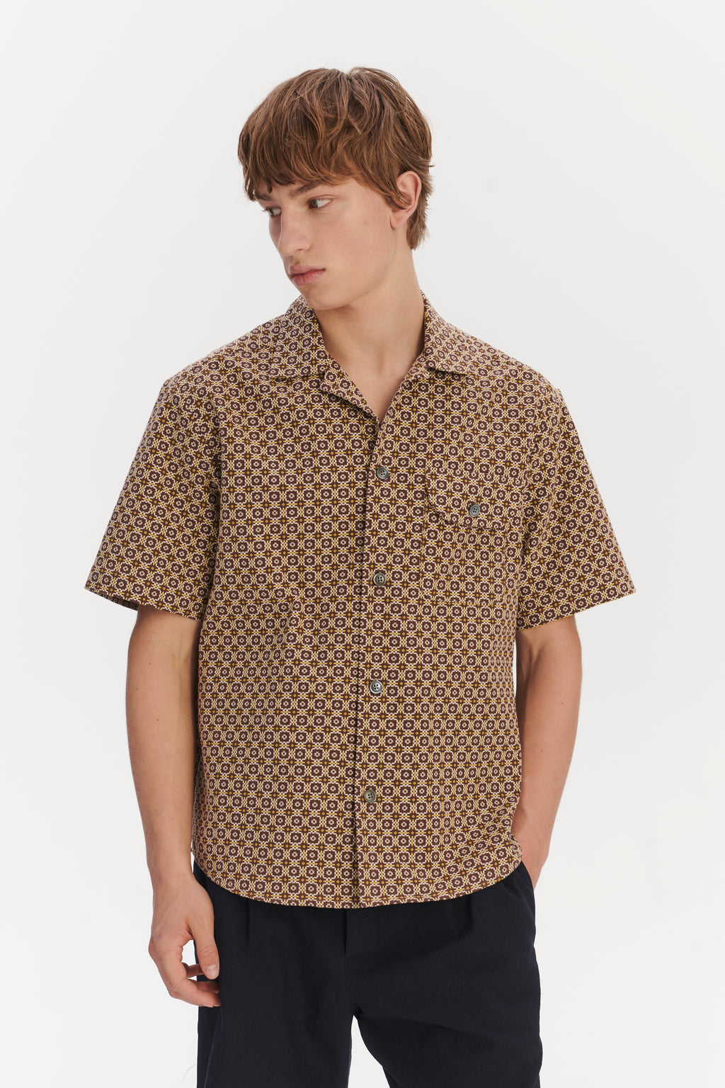 Short Sleeve Camp Collar Shirt in a Brown and Yellow Portuguese Jacquard Cotton